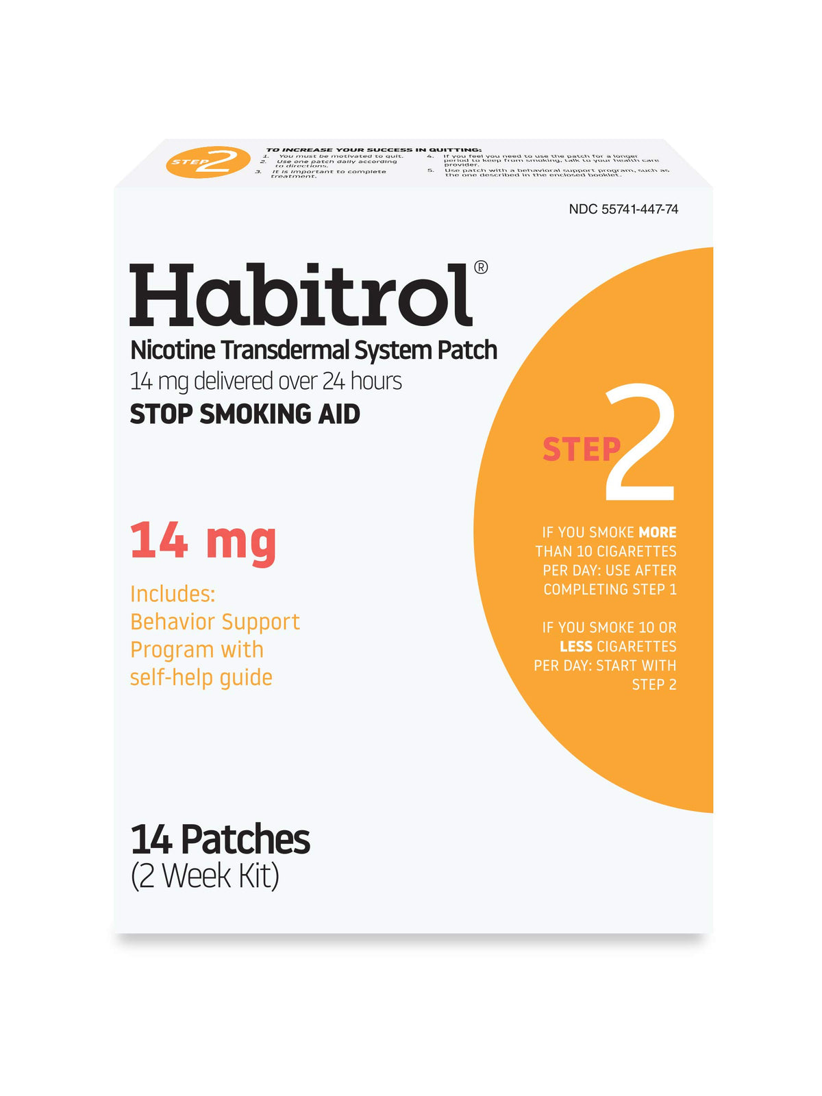 Habitrol Step 2 front packaging showing 14 mg patches and quitter information, supports steady nicotine delivery