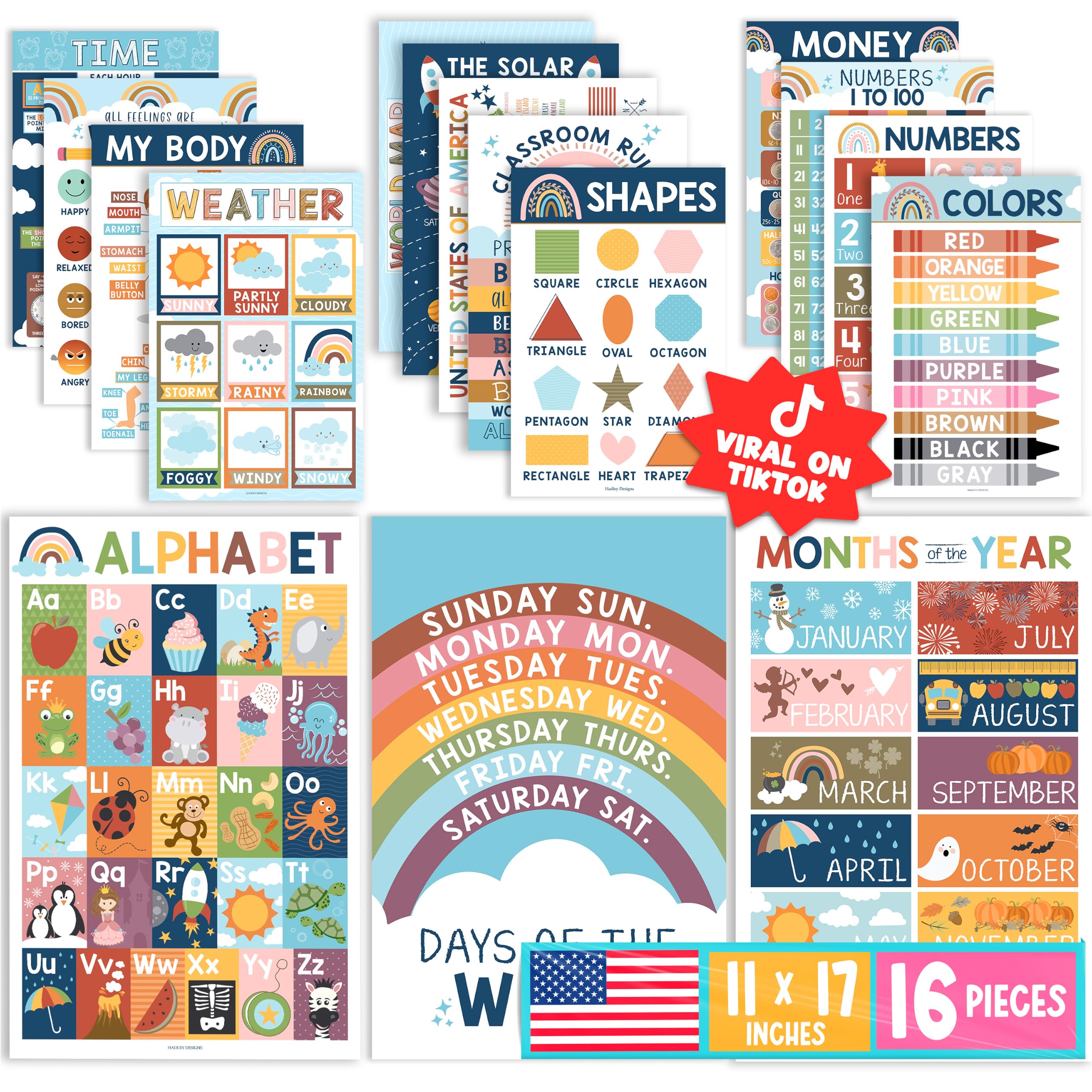 Hadley Designs full set display showing all 16 laminated posters and bright classroom-ready visuals