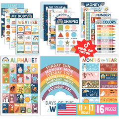 Hadley Designs full set display showing all 16 laminated posters and bright classroom-ready visuals
