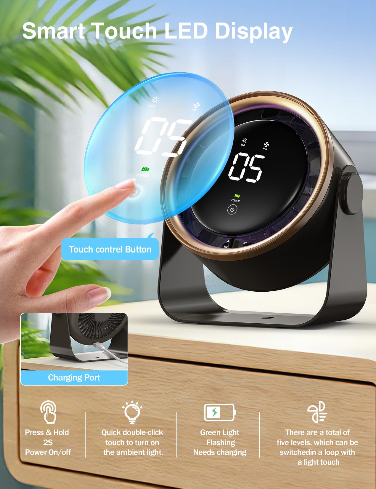 HAGEDAWN touch control display closeup showing easy speed adjustment and battery info