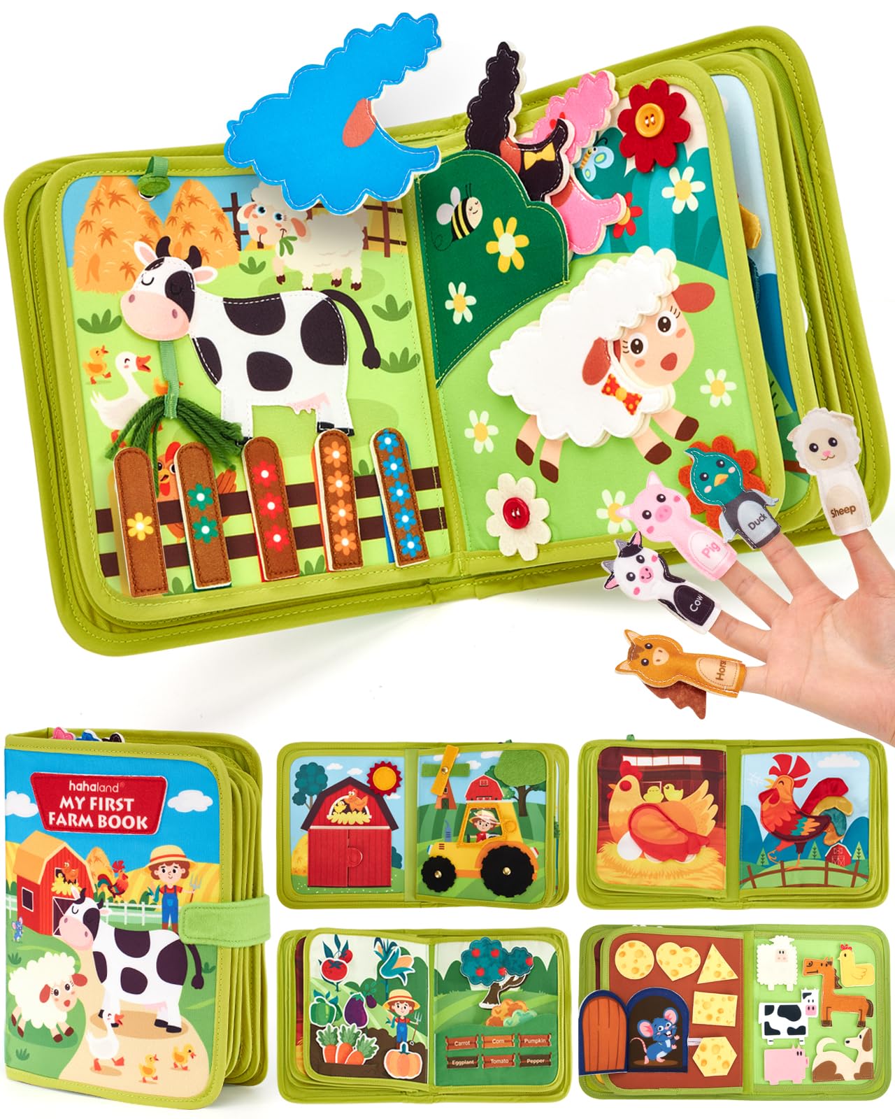 hahaland front cover busy book showing colorful farm design and durable fabric benefit