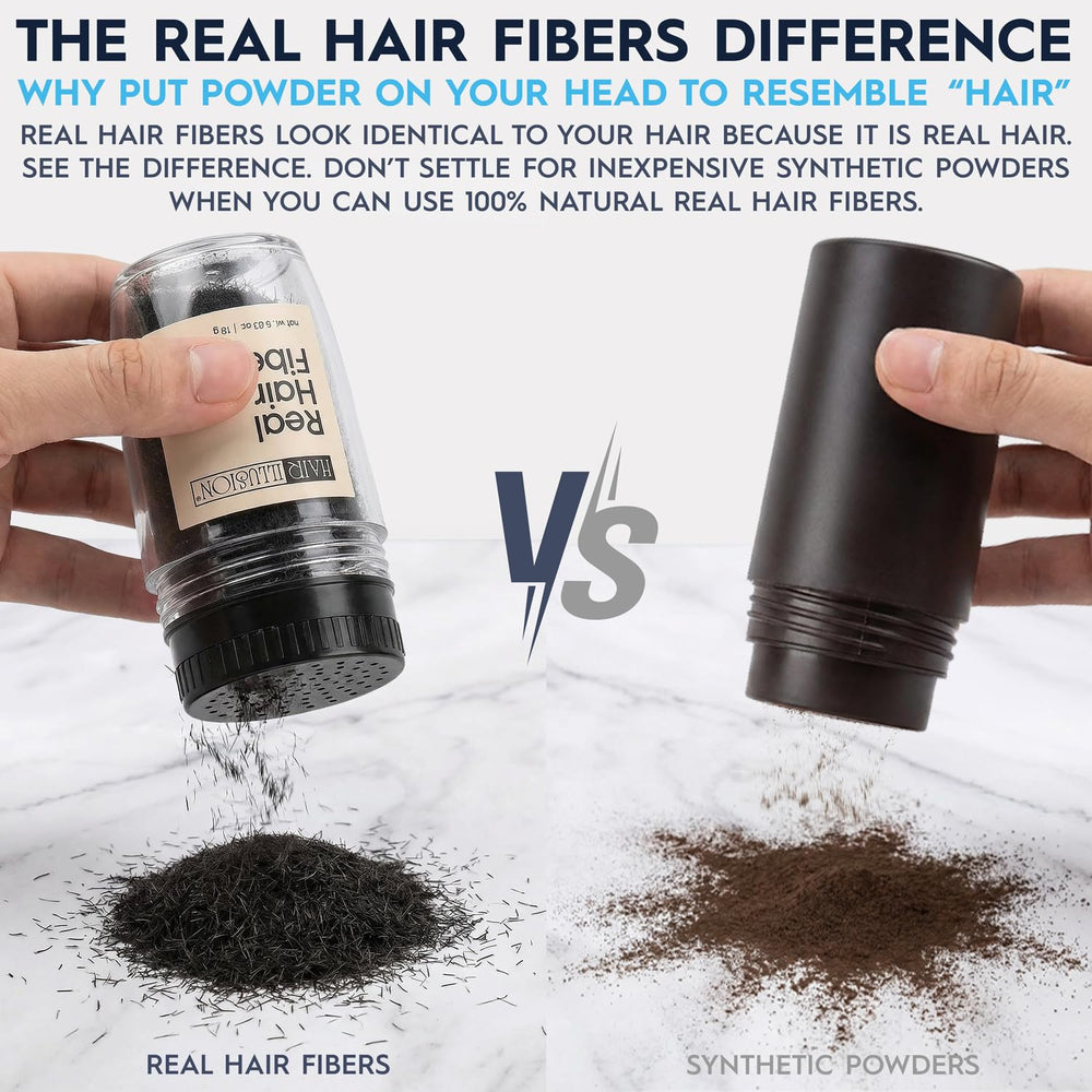 Before and after crown view demonstrating Hair Illusion black fibers creating fuller-looking hair
