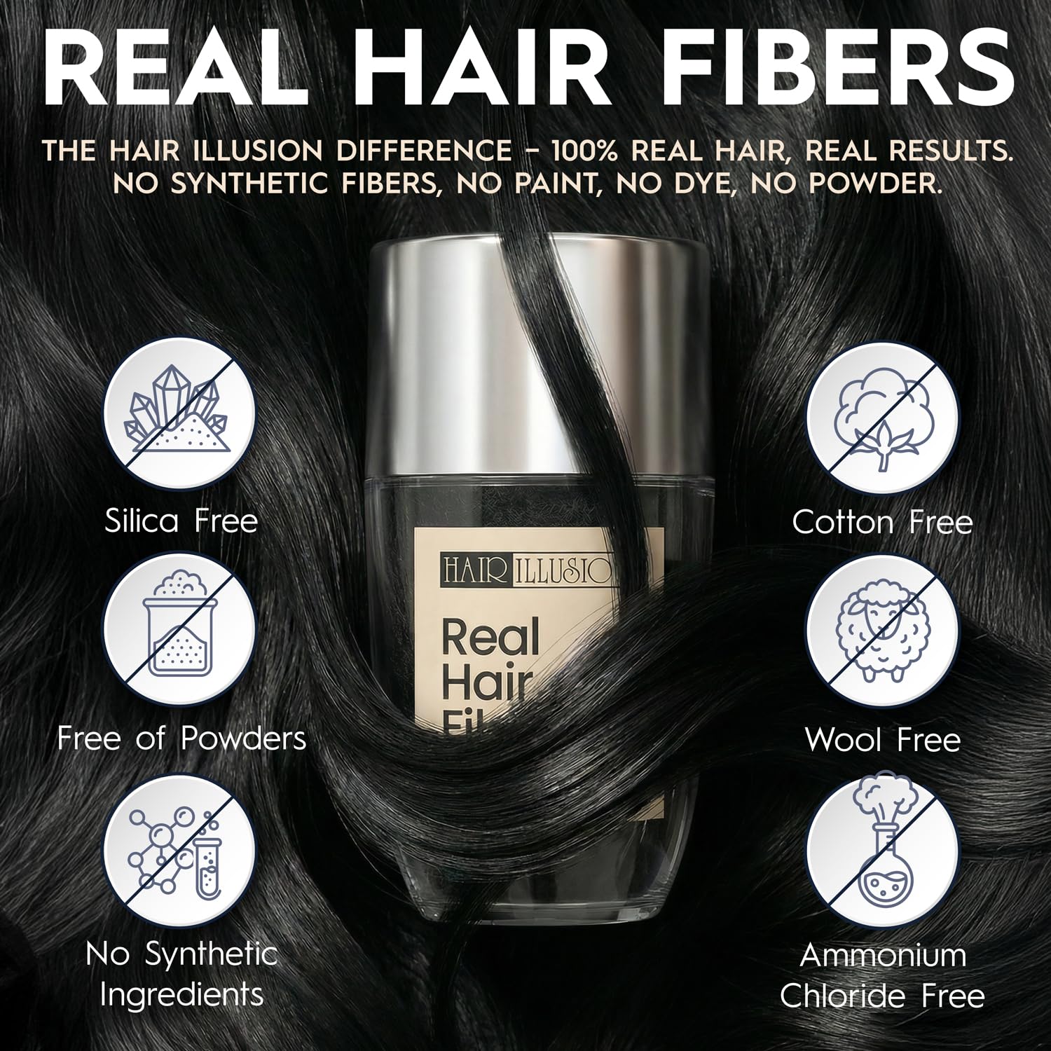 Close-up of Hair Illusion fiber texture showing natural human-hair strands that blend easily