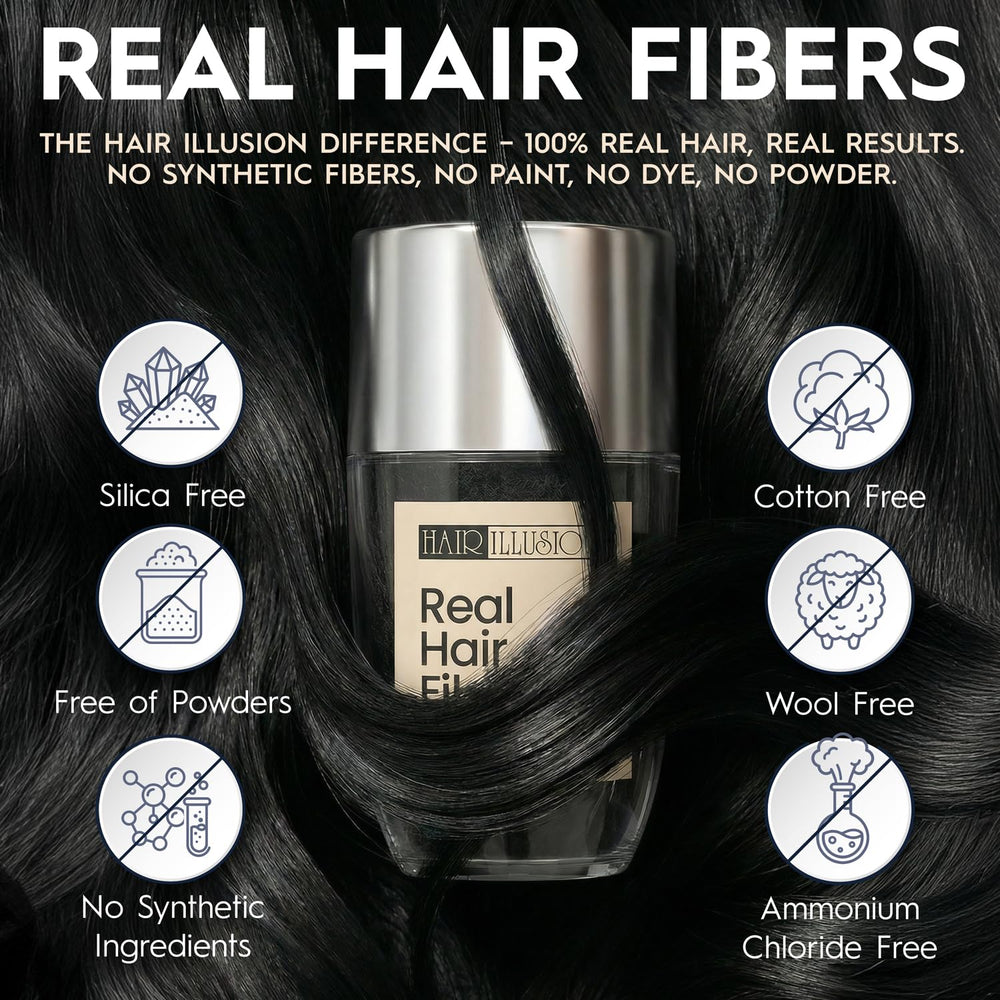 Close-up of Hair Illusion fiber texture showing natural human-hair strands that blend easily