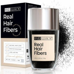 Hair Illusion front packaging showing black real hair fibers and clear labeling for instant coverage