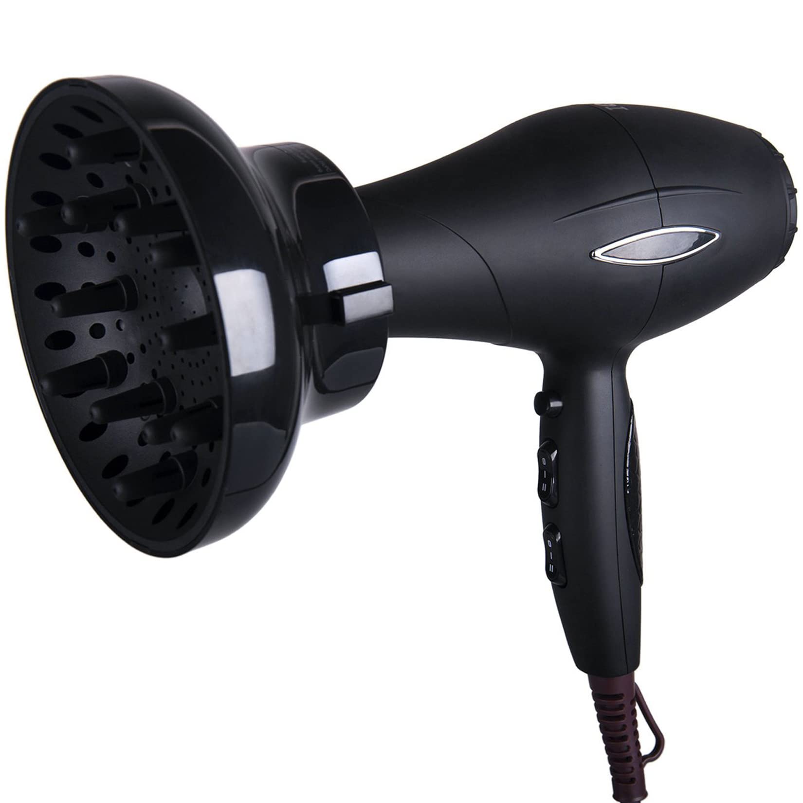 Hairizone diffuser attached to hair dryer demonstrating universal fit