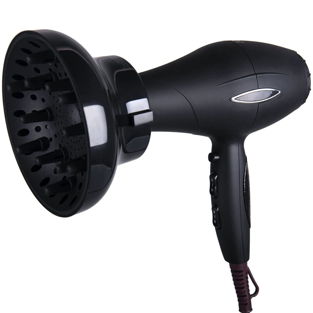 Hairizone diffuser attached to hair dryer demonstrating universal fit