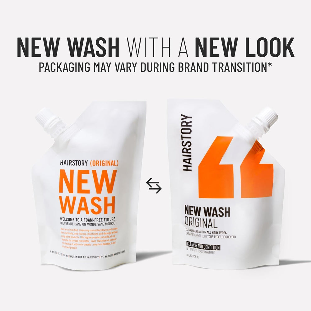 Hairstory New Wash after rinse showing smooth, soft hair and longer-lasting clean benefit