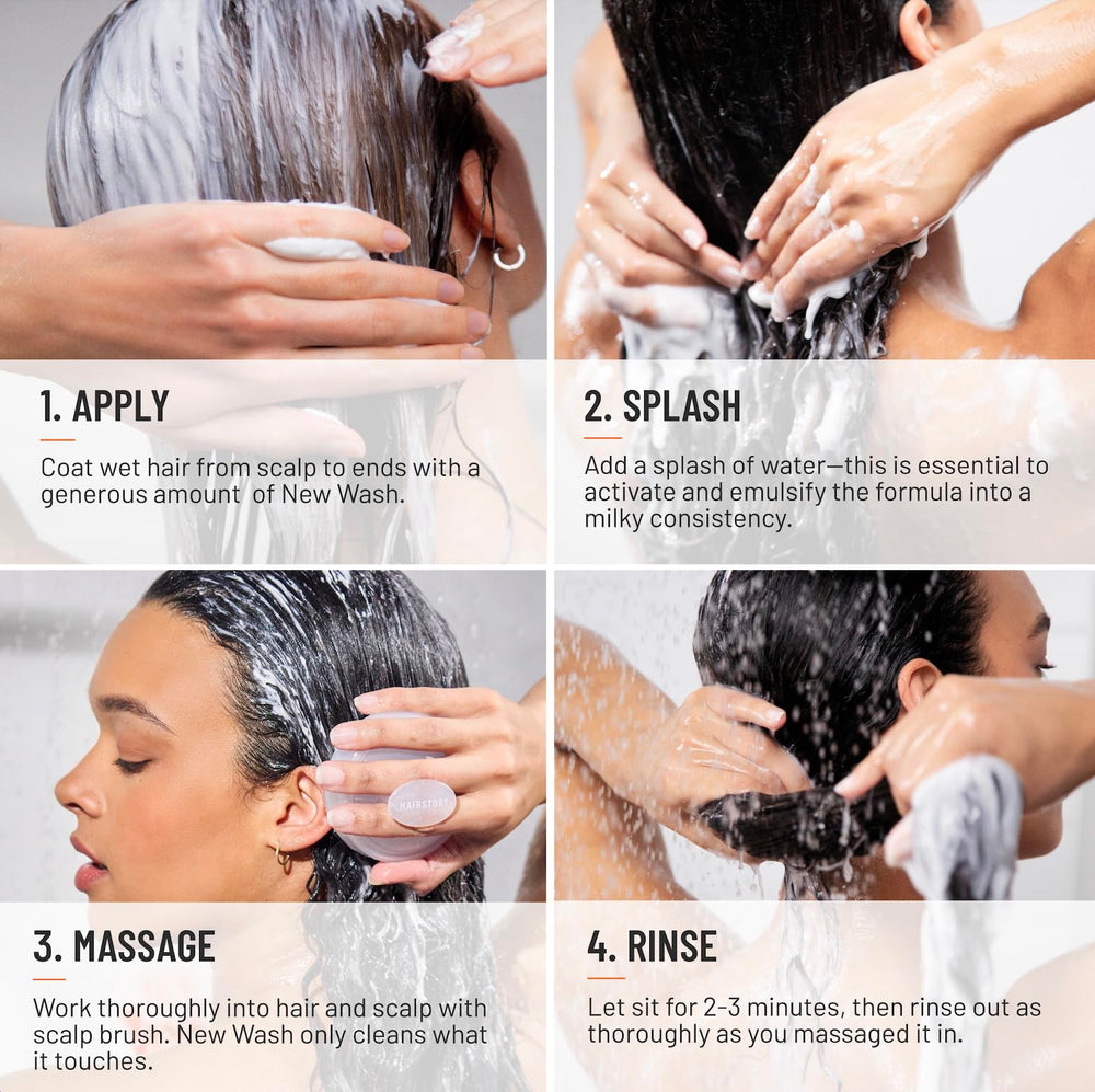 Hairstory New Wash label close-up highlighting natural ingredients and clean formulation benefits