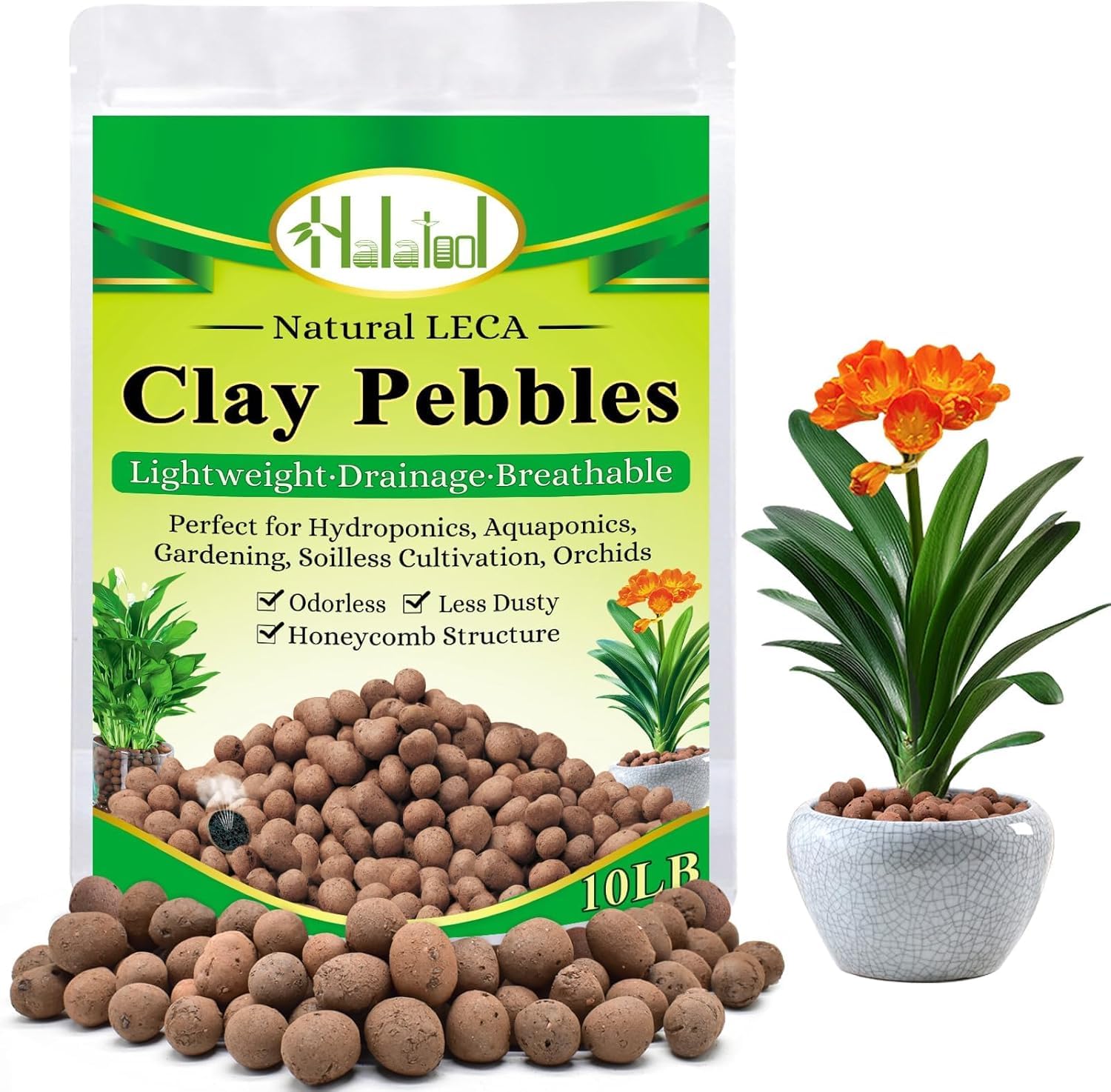 Halatool front packaging showing 10 lb LECA bag and clear labeling for easy selection