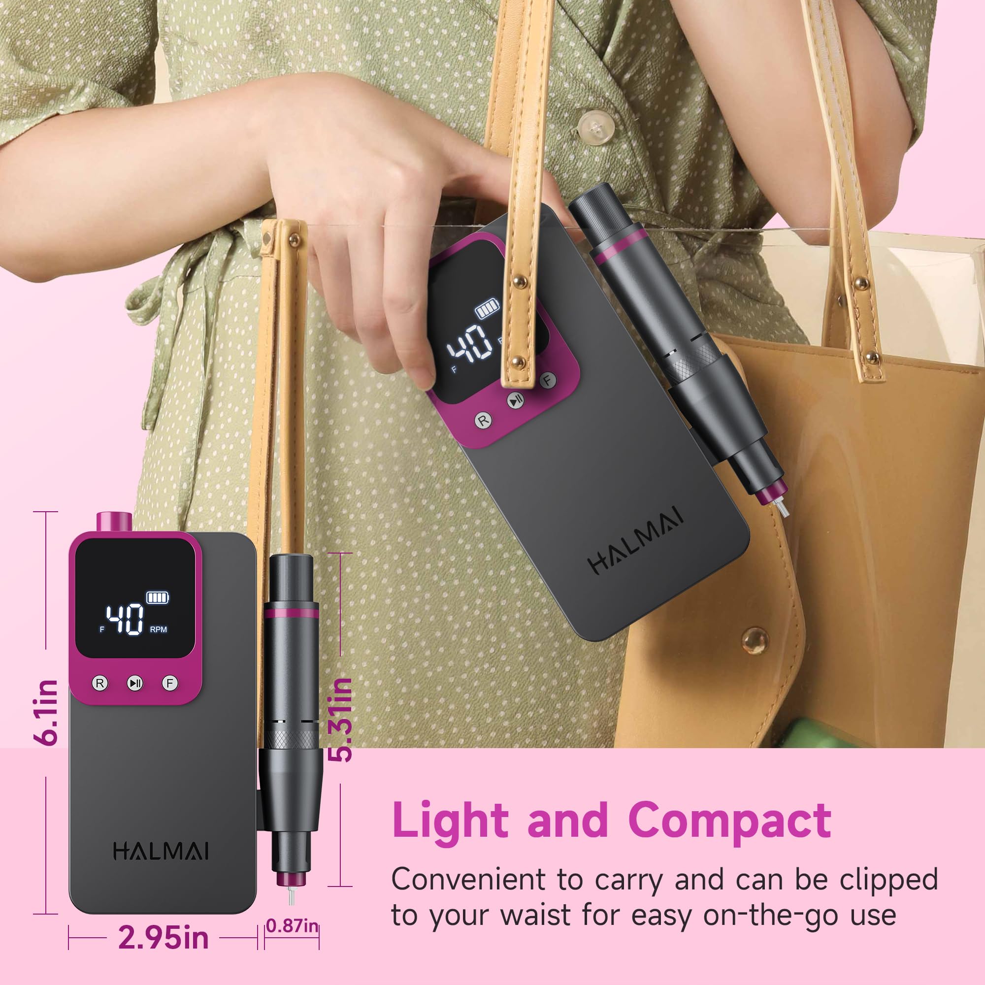 Halmai size comparison hand scale showing compactness for travel convenience