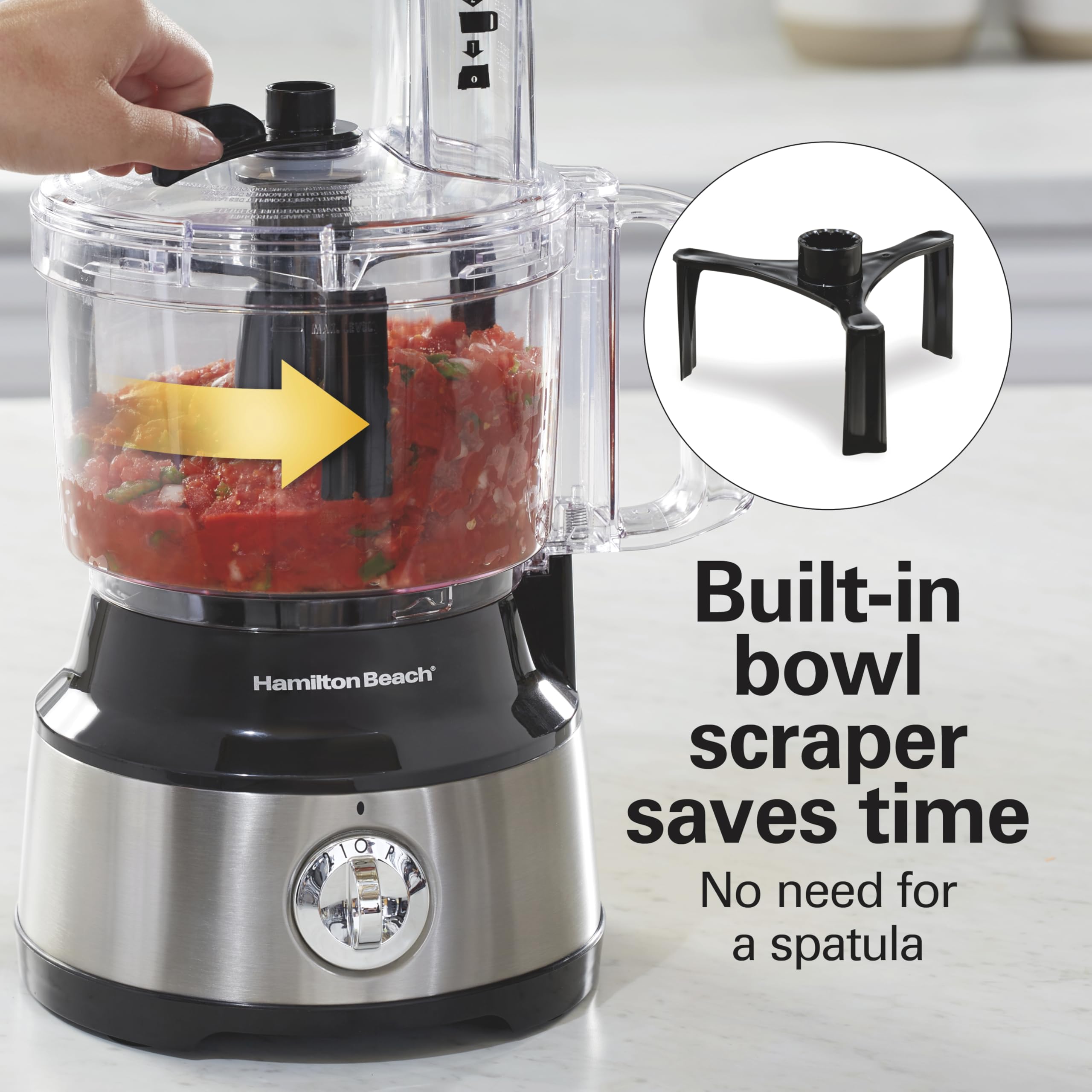 Hamilton Beach built-in bowl scraper detail keeping ingredients near blades for even results