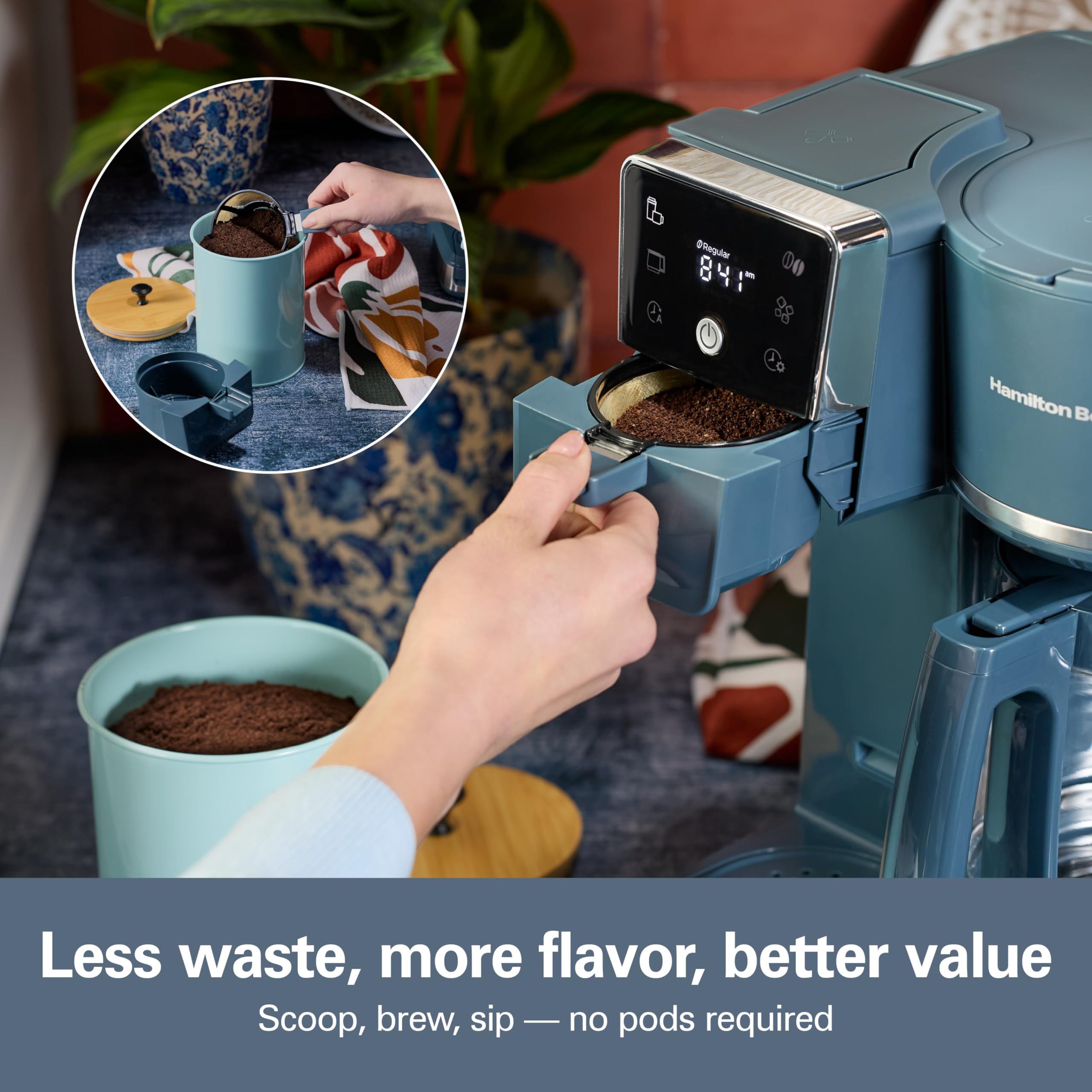 Hamilton Beach carafe mid-pour demonstrating auto pause-and-pour convenience for immediate serving