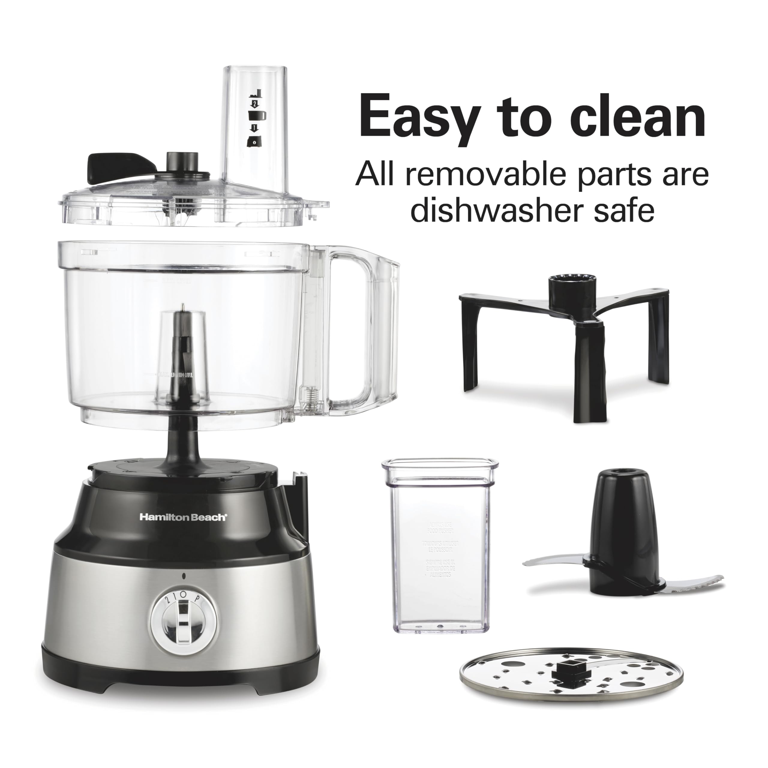 Hamilton Beach removable parts staged in dishwasher to show easy cleanup