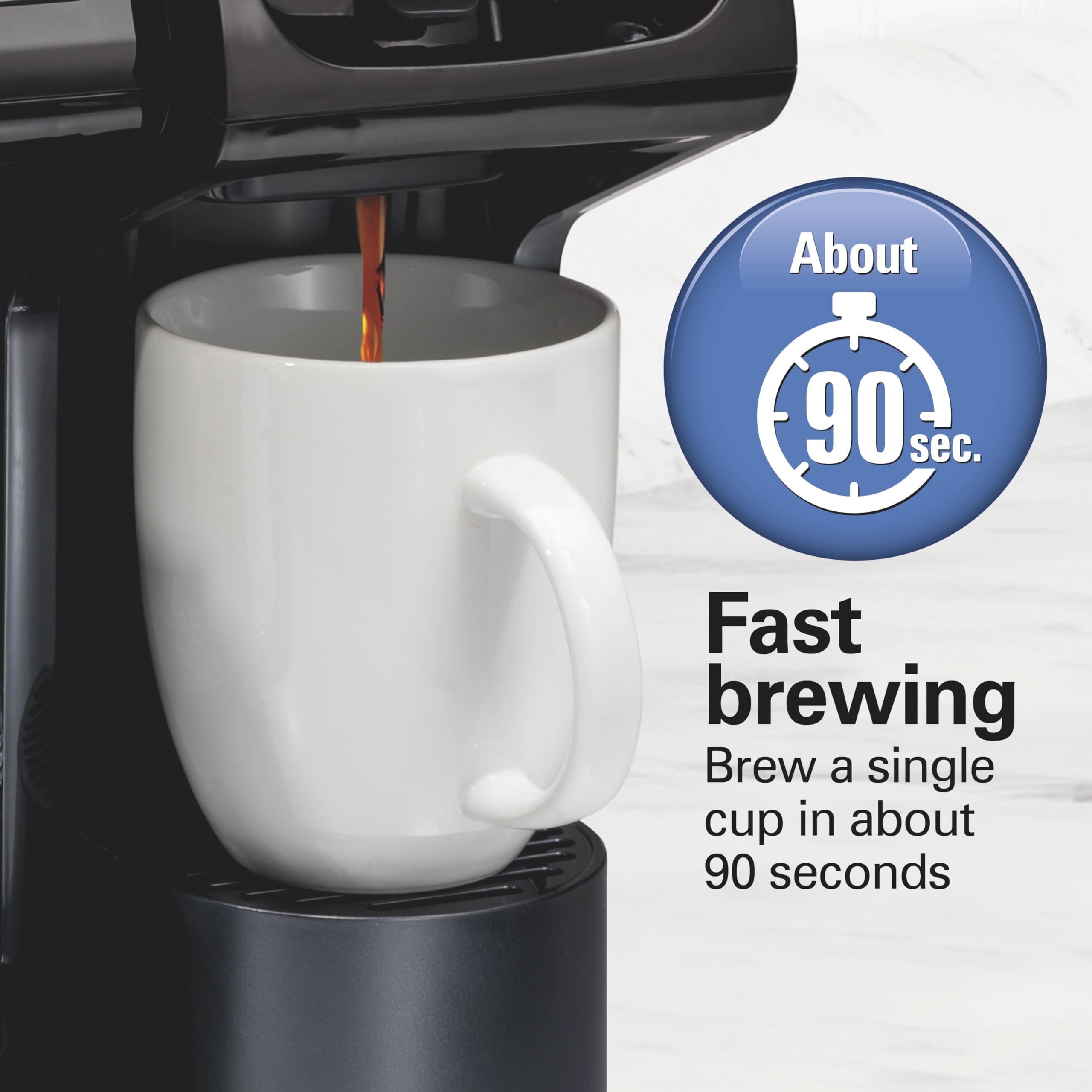 Hamilton Beach FlexBrew Trio brewing a single cup from a K-Cup demonstrating fast 90s brew