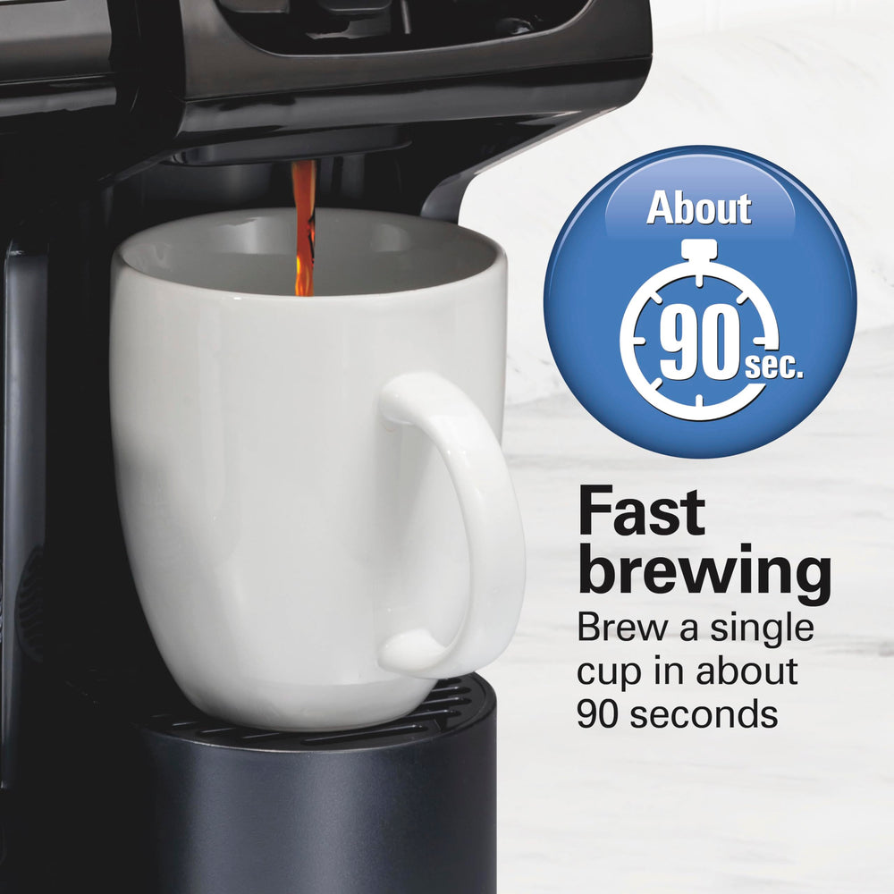 Hamilton Beach FlexBrew Trio brewing a single cup from a K-Cup demonstrating fast 90s brew