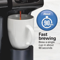 Hamilton Beach FlexBrew Trio brewing a single cup from a K-Cup demonstrating fast 90s brew