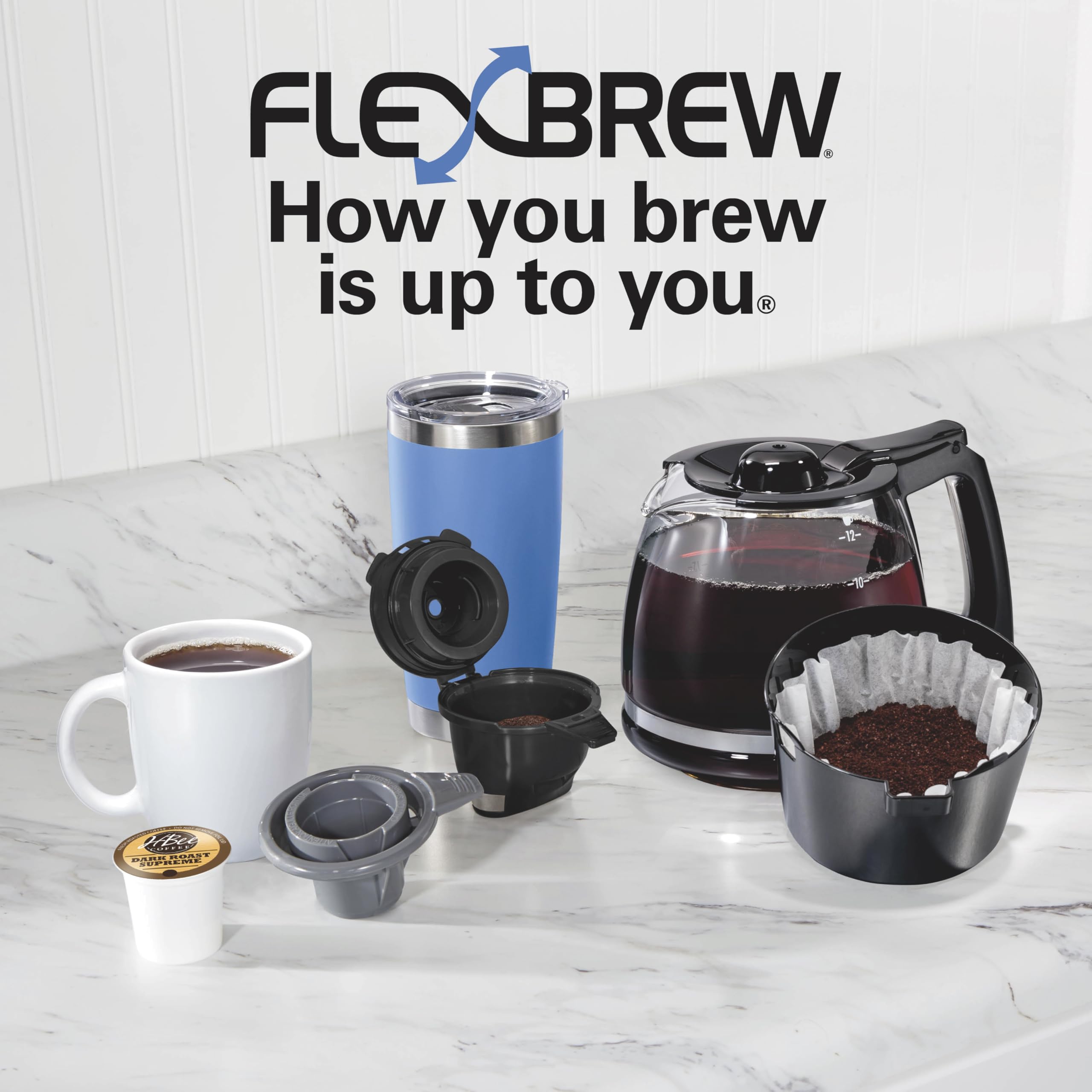 Hamilton Beach FlexBrew Trio brewing into a 7-inch travel mug for on-the-go convenience