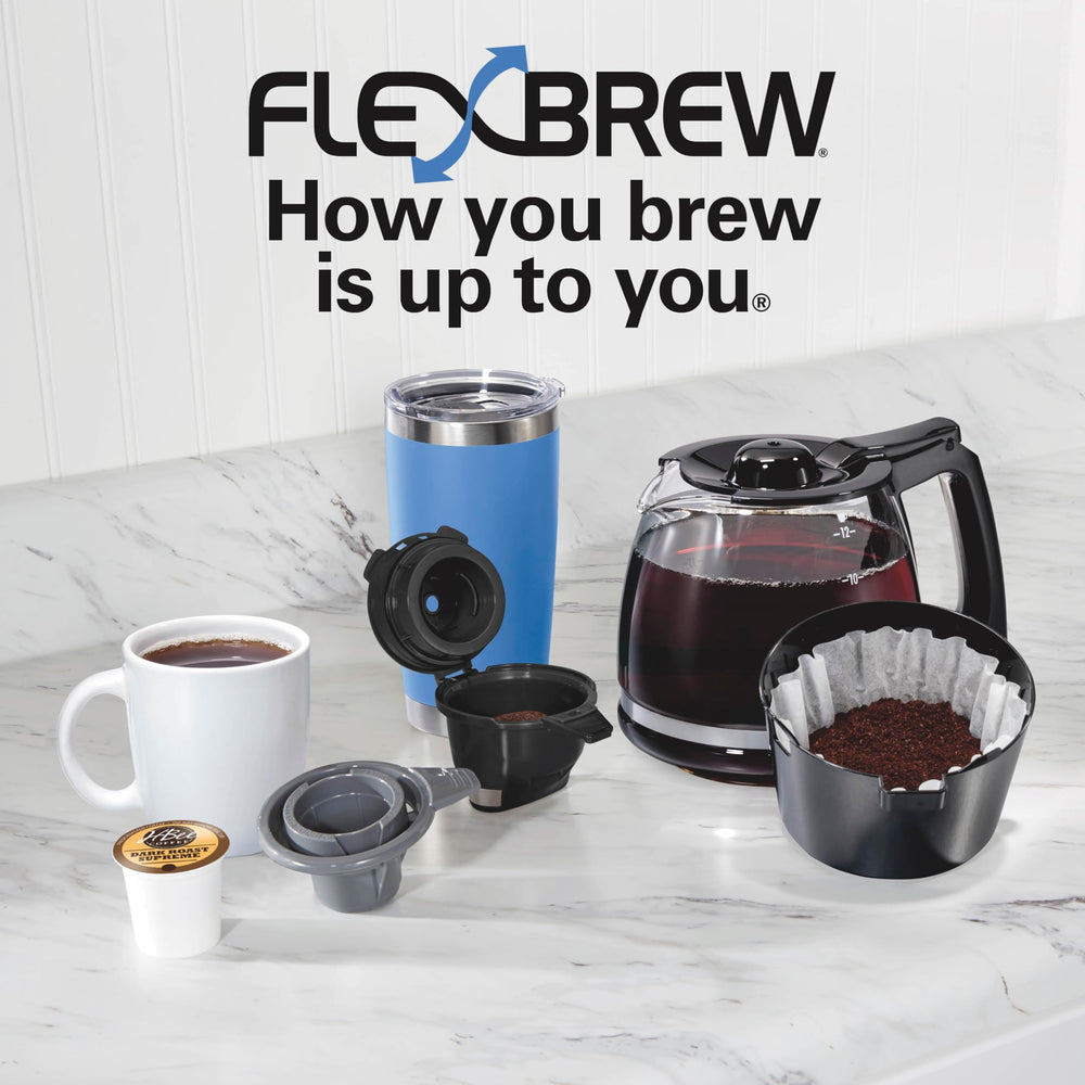 Hamilton Beach FlexBrew Trio brewing into a 7-inch travel mug for on-the-go convenience