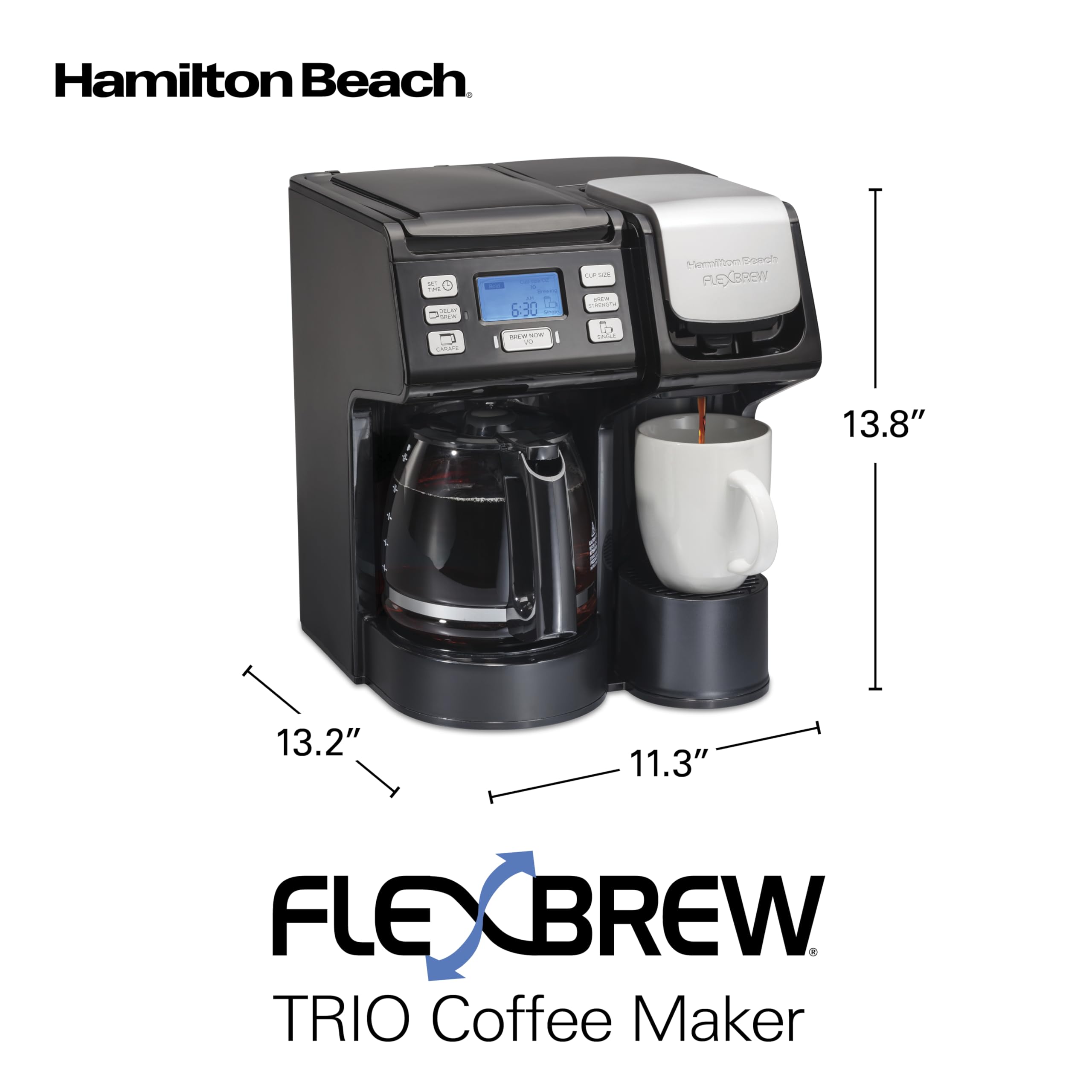 Hamilton Beach FlexBrew Trio drip spout closeup showing controlled pour and no-drip benefit