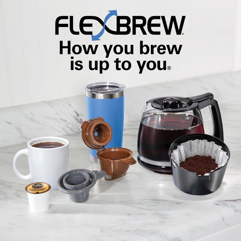 Hamilton Beach FlexBrew Trio brewing into travel mug showing on-the-go coffee convenience