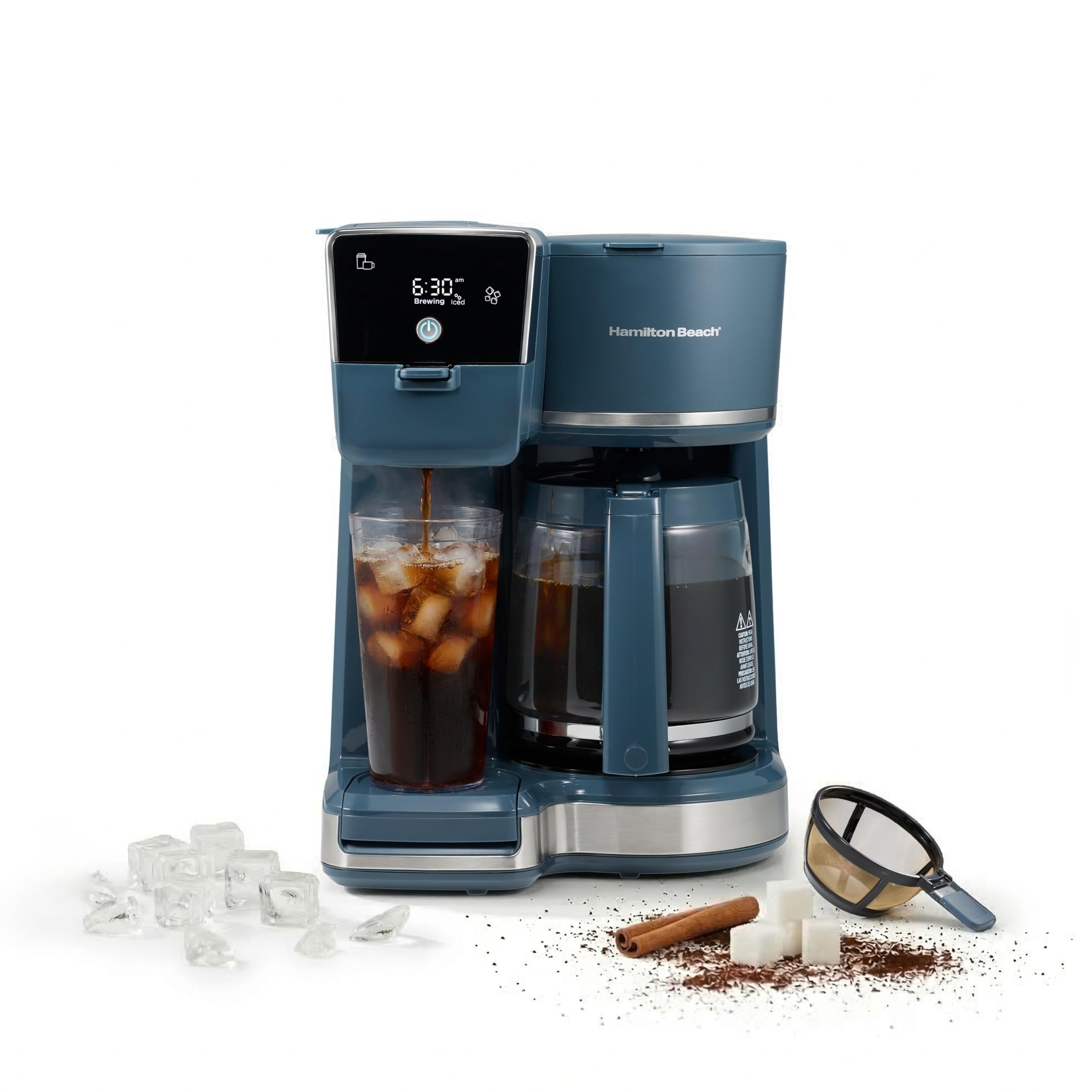 Hamilton Beach front view showing compact dual-brewer and sleek design helping save counter space