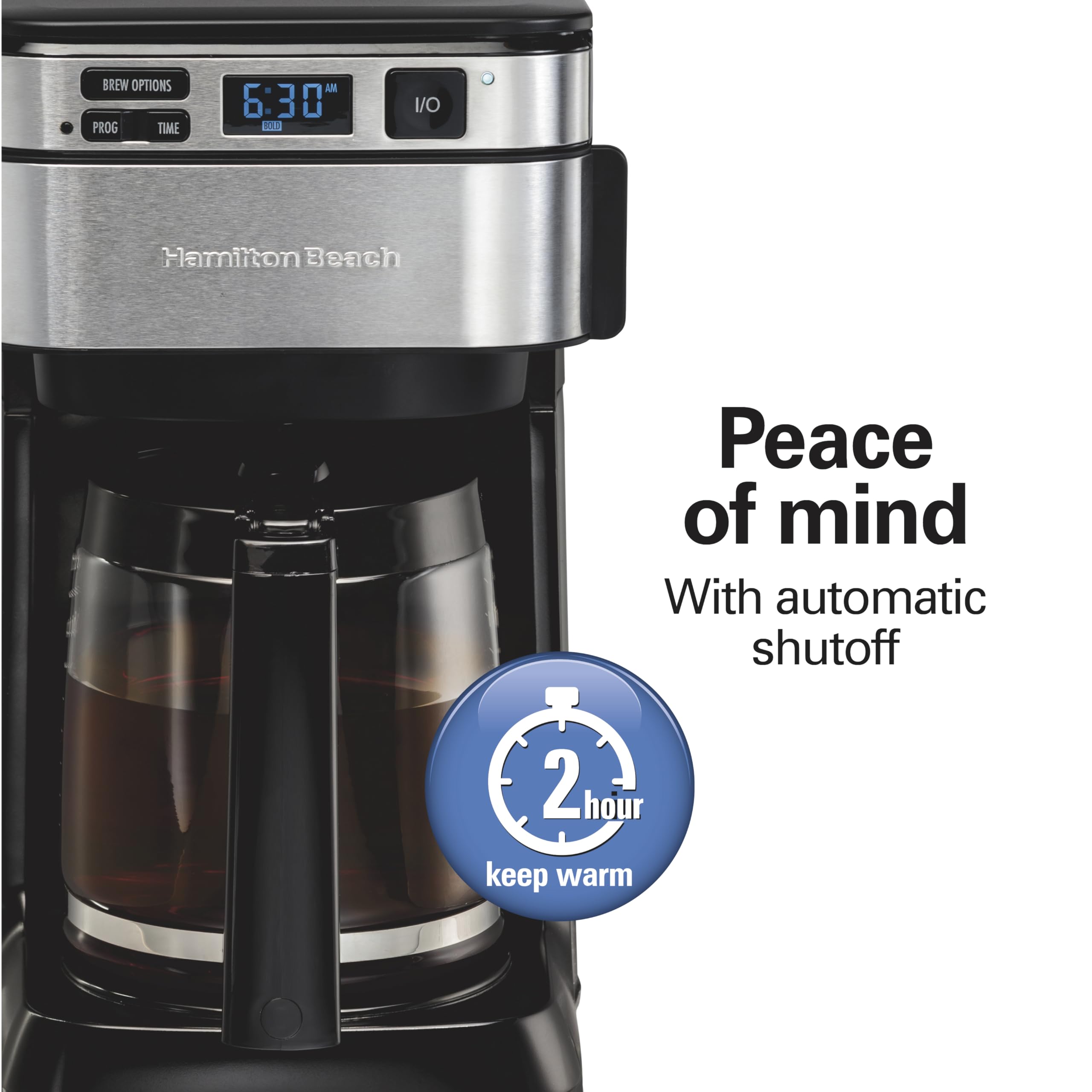 Hamilton Beach digital control panel close-up for programmable 24-hour brewing