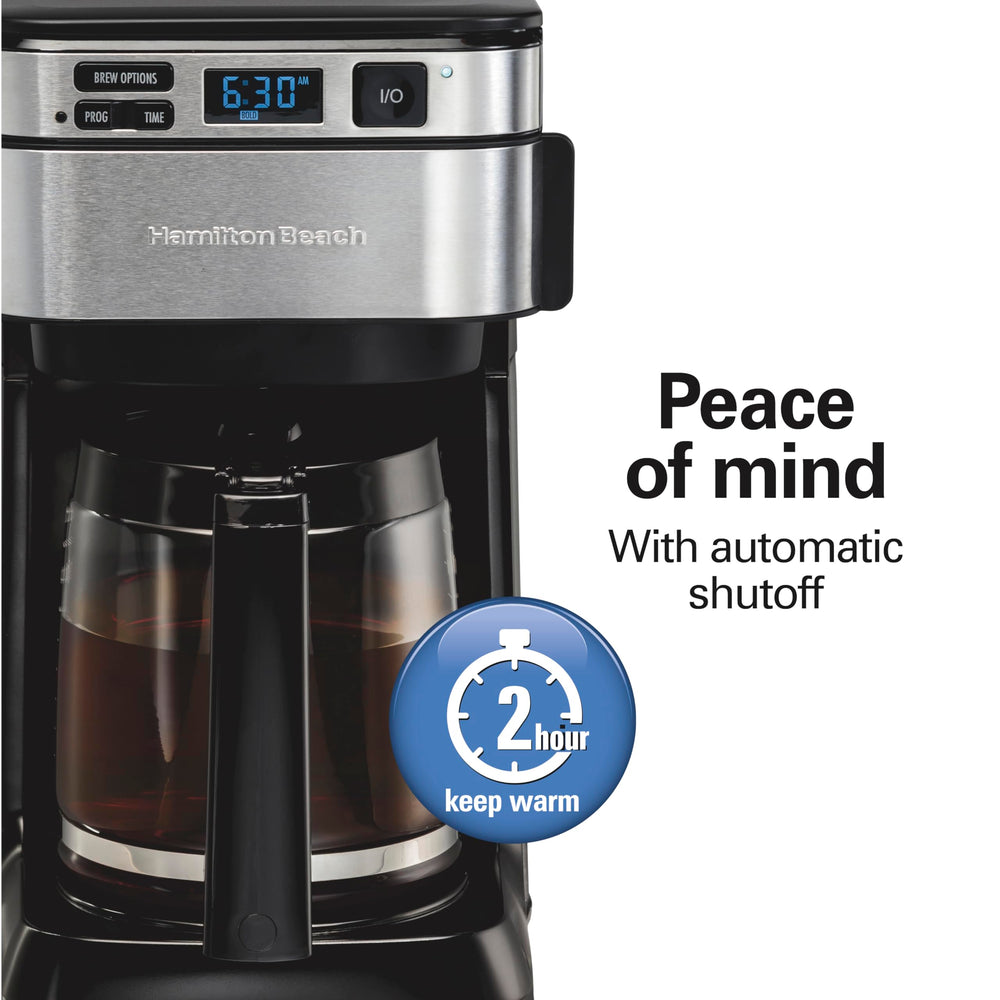 Hamilton Beach digital control panel close-up for programmable 24-hour brewing