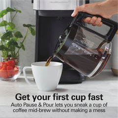 Hamilton Beach glass carafe pouring coffee with Auto Pause & Pour convenience