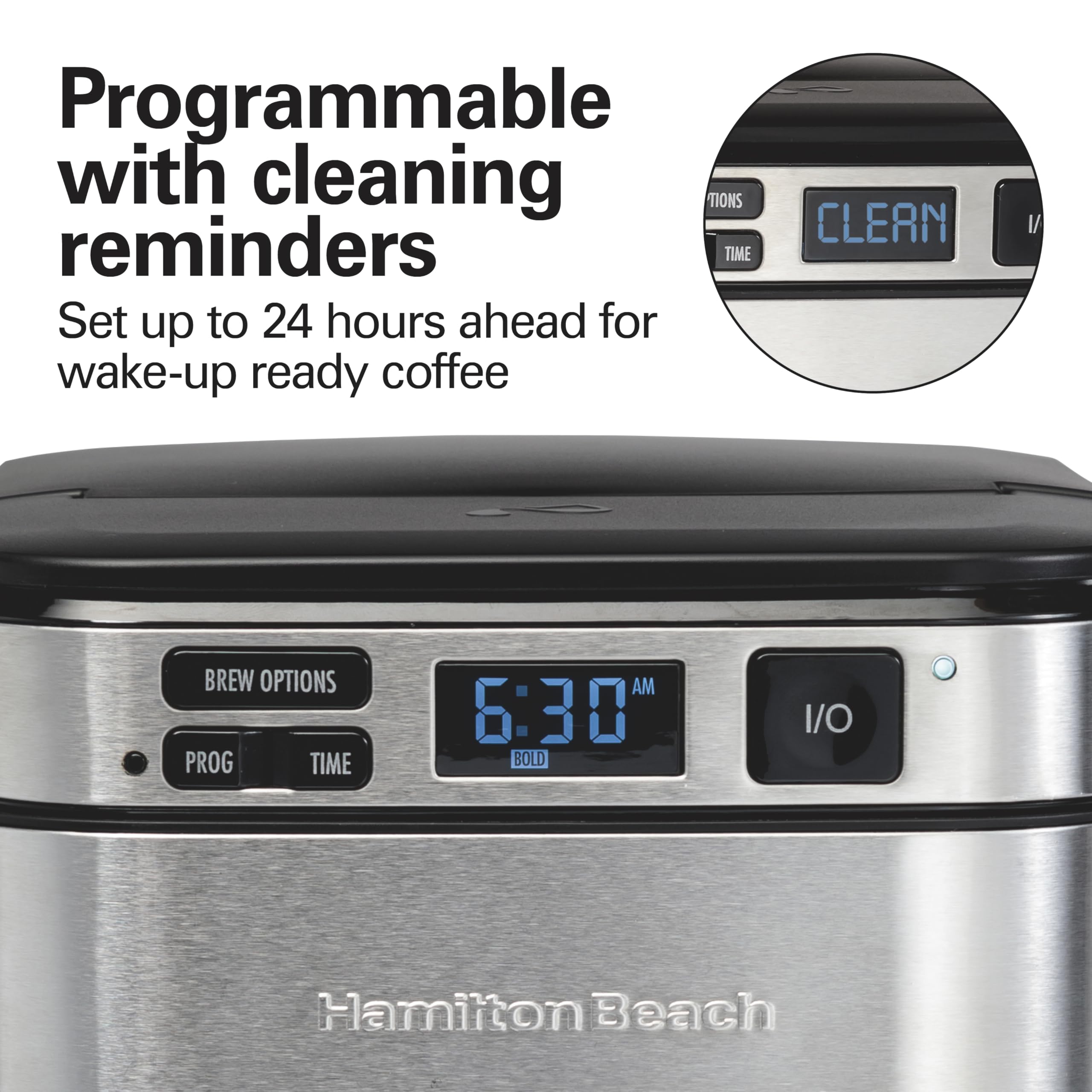 Hamilton Beach swing-open brew basket open for easy filter access and cleaning