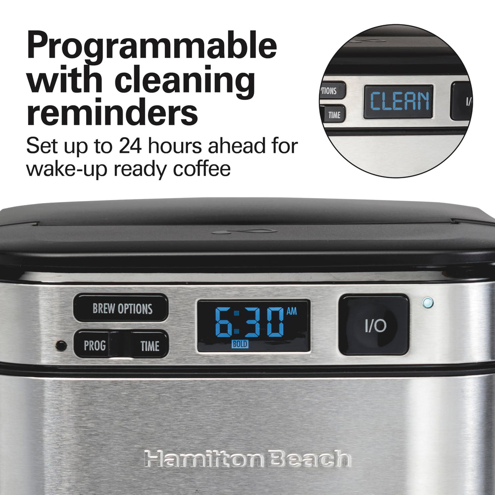 Hamilton Beach swing-open brew basket open for easy filter access and cleaning