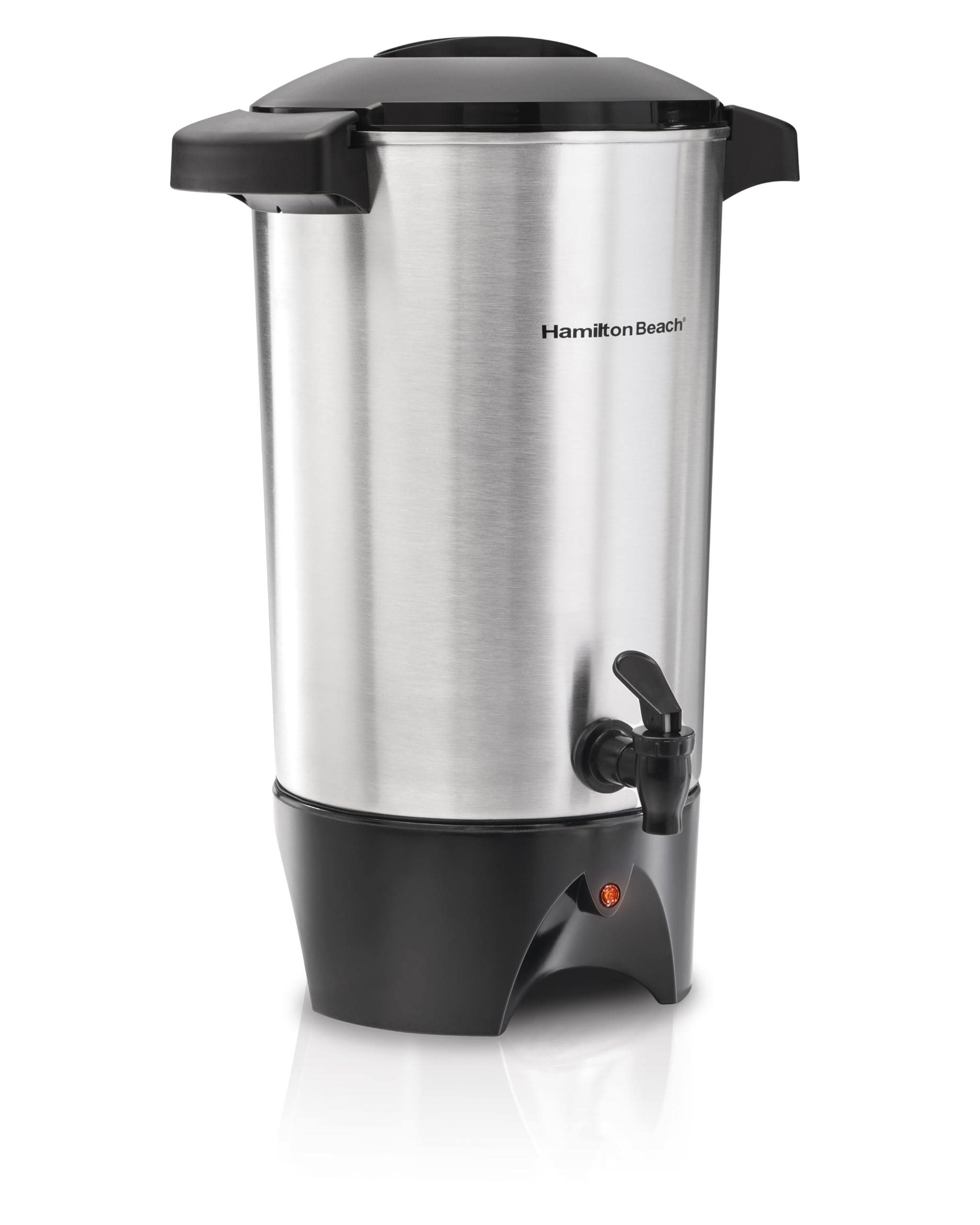 Hamilton Beach urn front view showing silver finish and capacity benefit