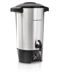 Hamilton Beach urn front view showing silver finish and capacity benefit
