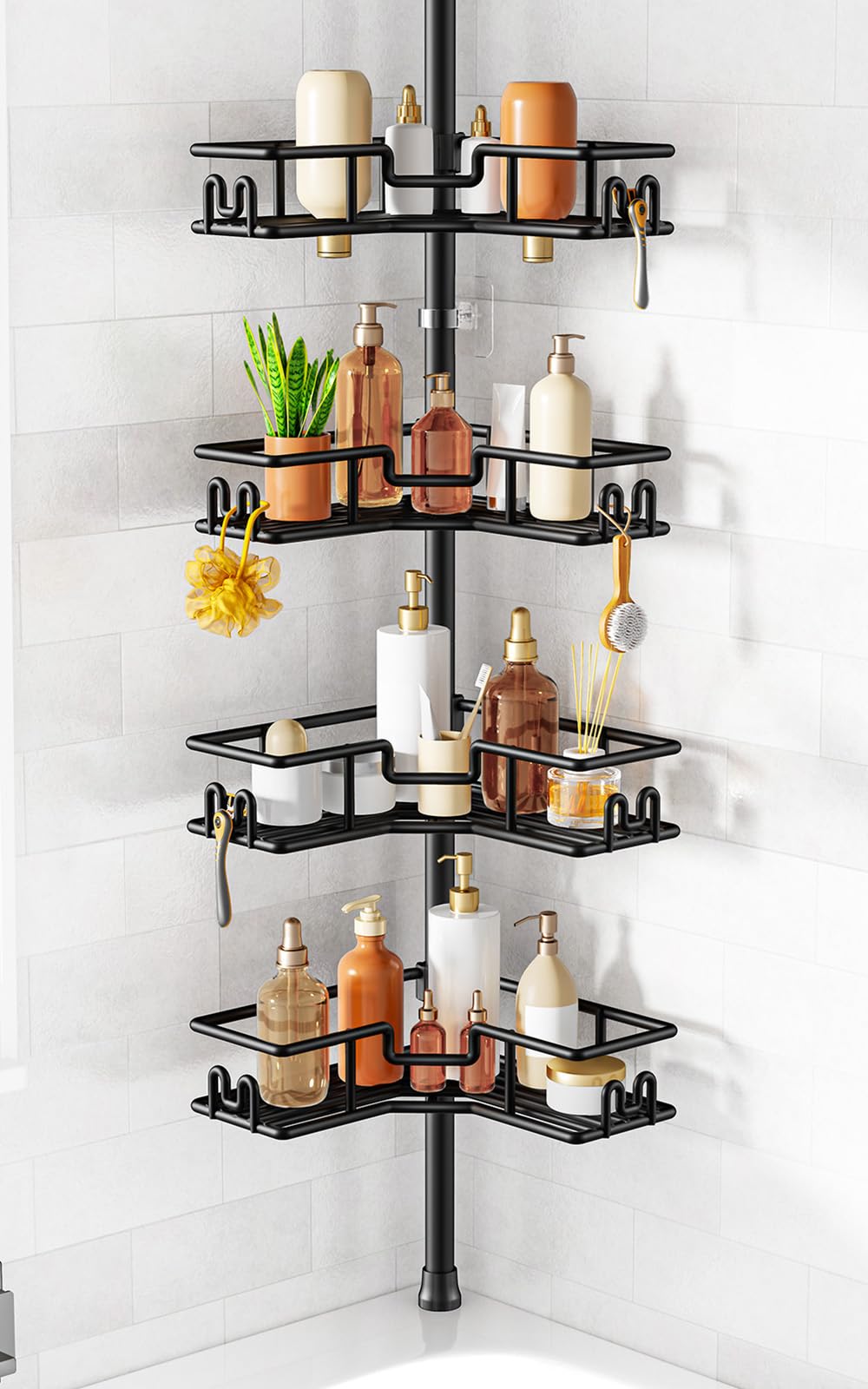 HAMITOR front view of black shower caddy showing storage benefit