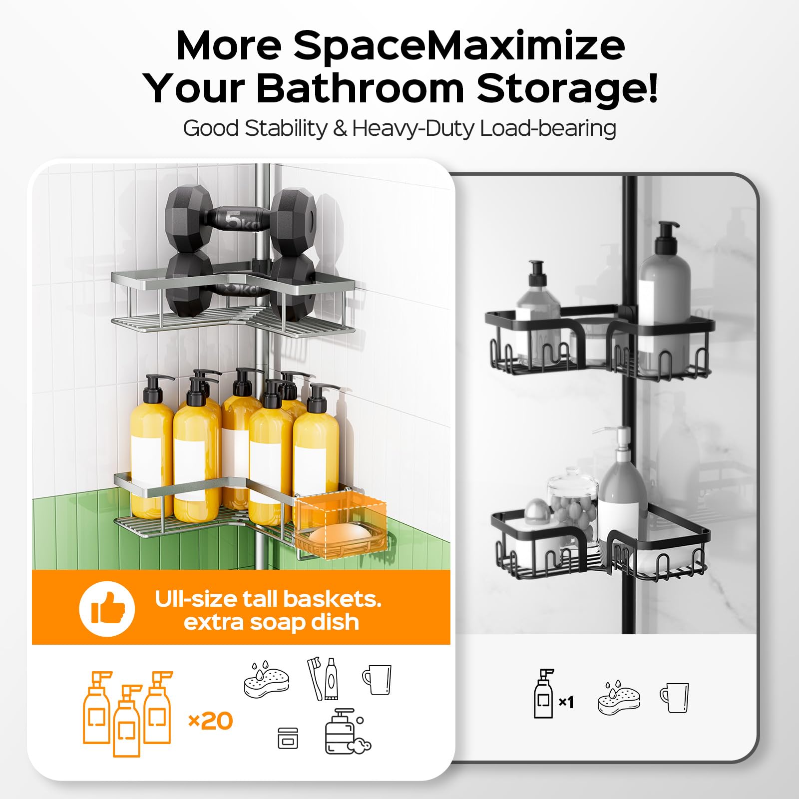 HAMITOR hooks and soap dish showing tidy accessory storage benefit