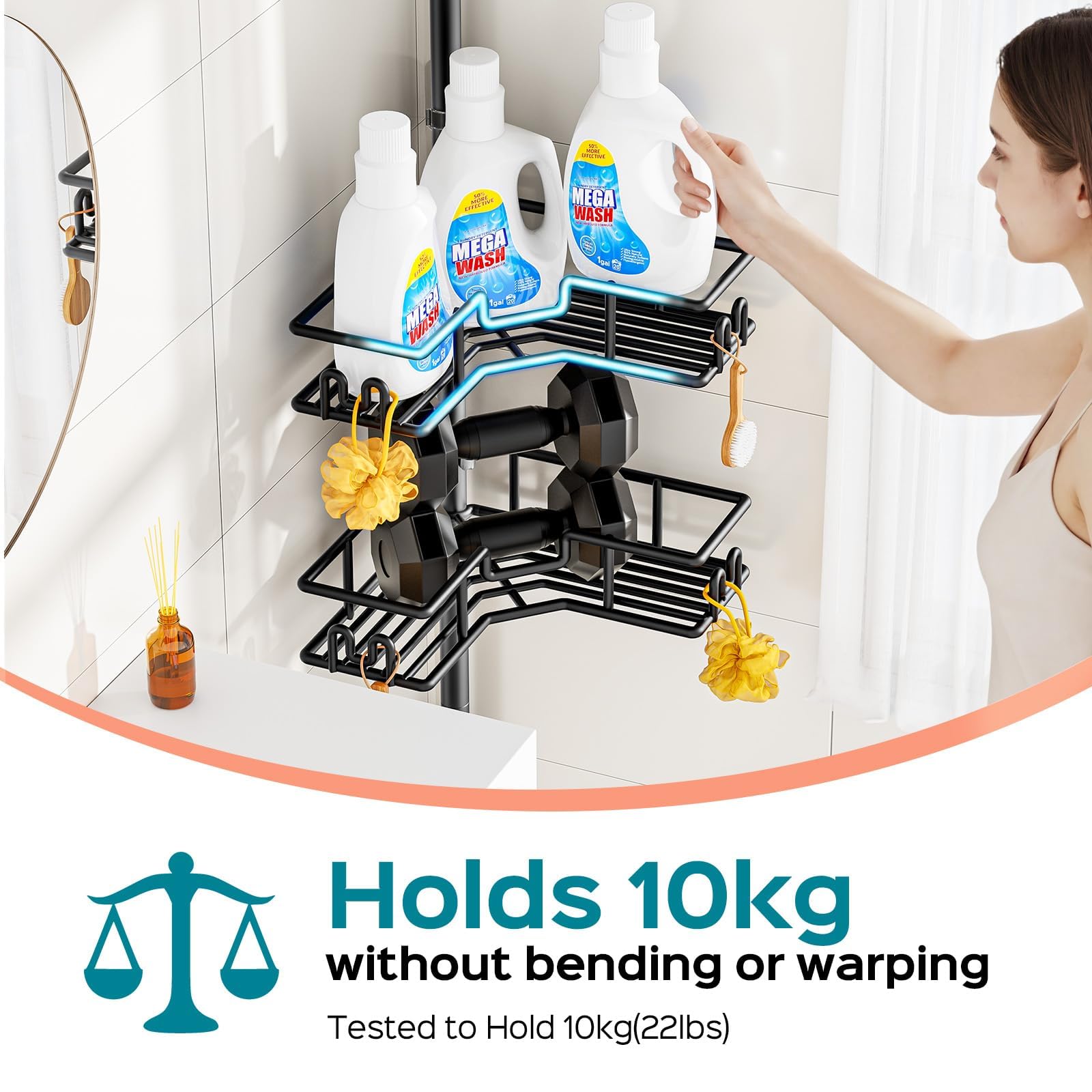 HAMITOR side hooks holding loofah and razor for easy access