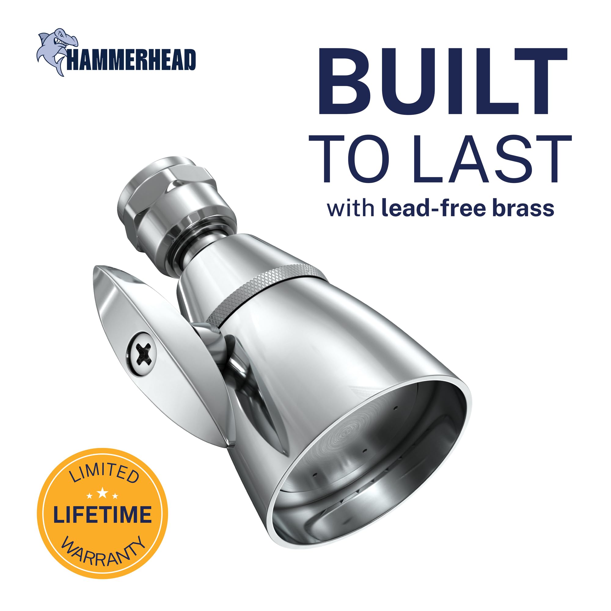 HammerHead Showers side profile highlights brass pivot ball for precise angling benefit