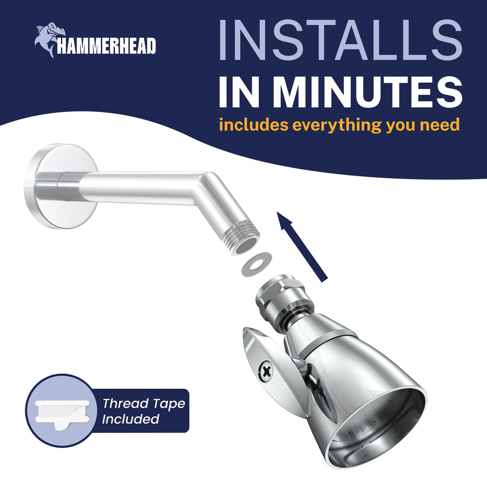 HammerHead Showers size scale next to hand shows compact 2-inch face for space saving