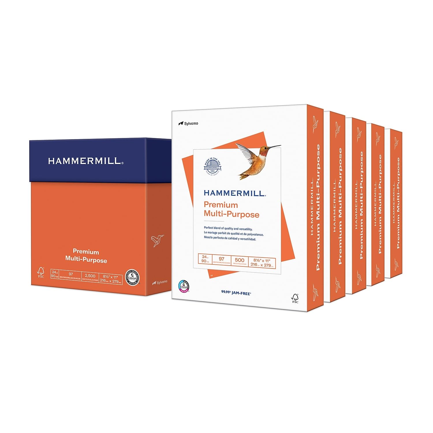 Hammermill front packaging showing case and reams, clear branding and quantity benefit