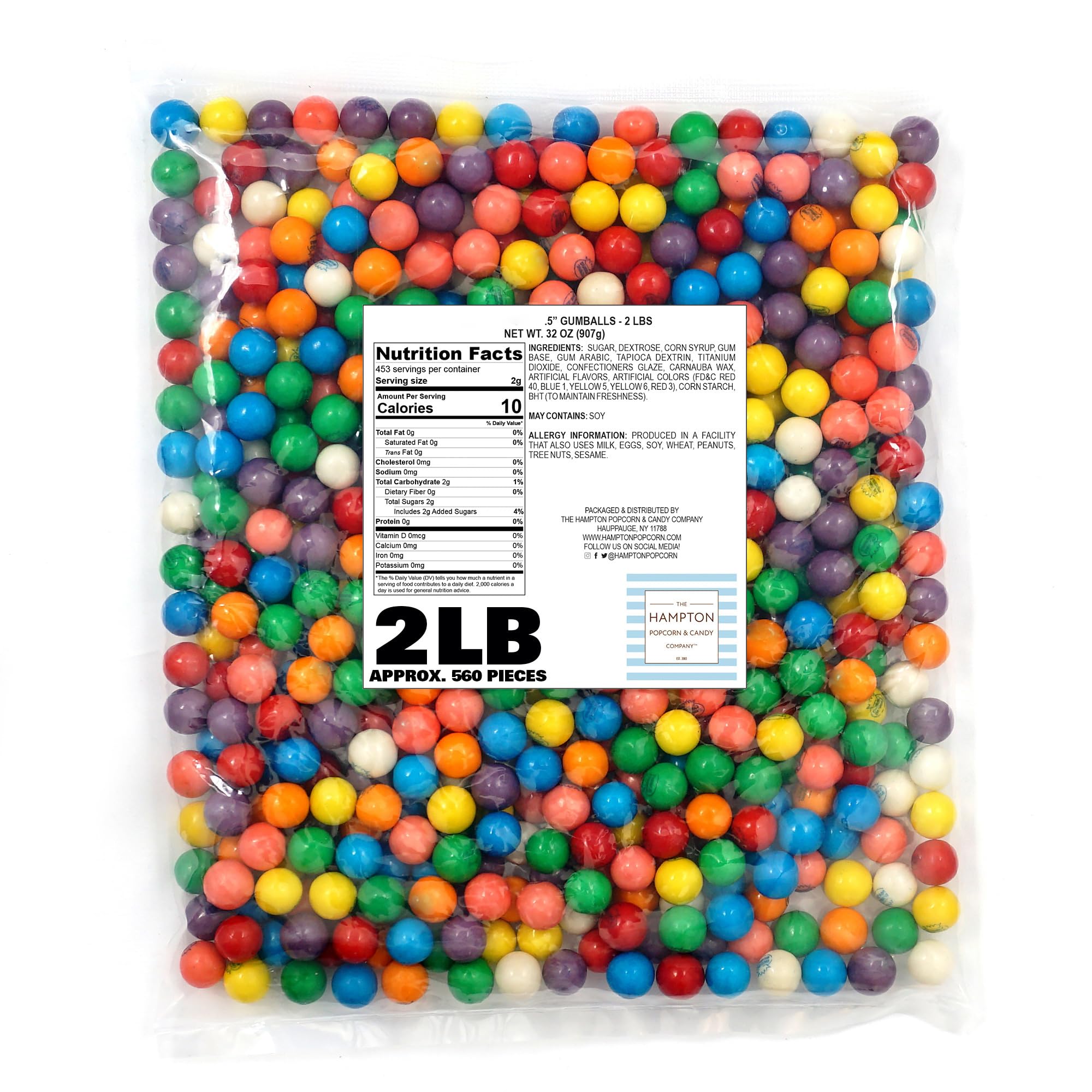The Hampton Popcorn Company front packaging showing 2 lb bulk bag and colorful gumballs, easy refill benefit