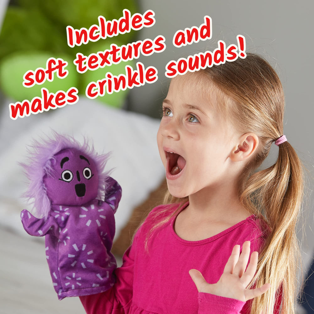 hand2mind puppets next to common toy showing compact size
