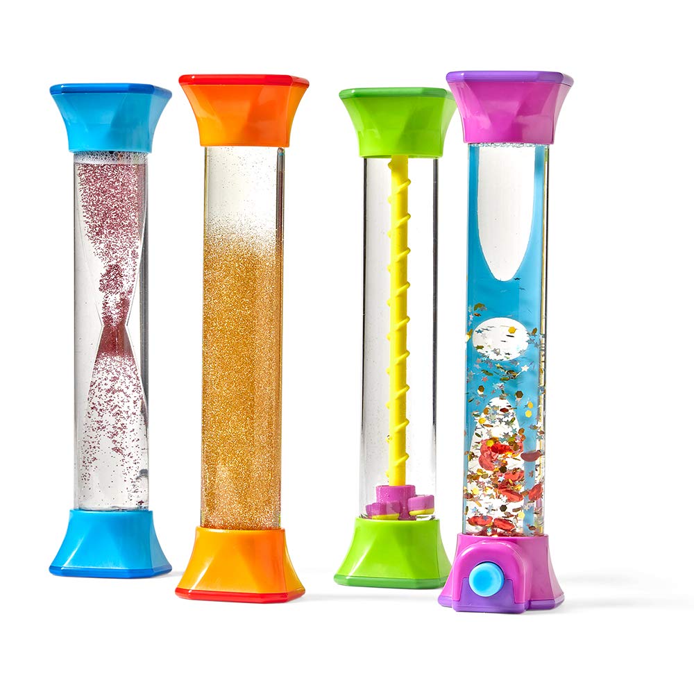 hand2mind front packaging showing four colorful fidget tubes and benefits