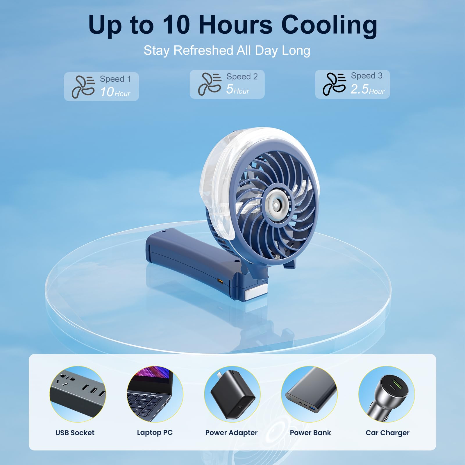 HandFan royal blue charging USB cable depicting rechargeable battery for long runtime