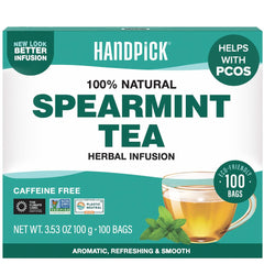 HANDPICK front packaging showing 100 tea bags and eco benefits