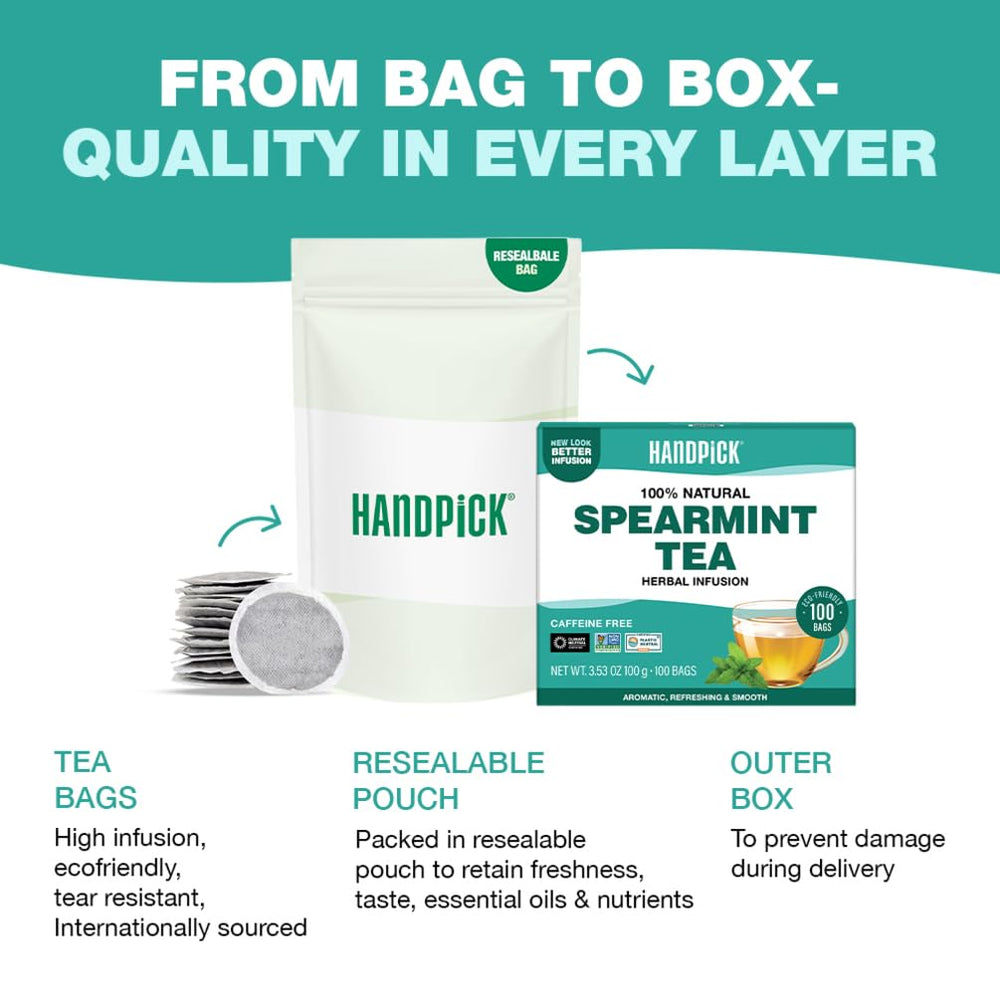 HANDPICK tea bag beside teaspoon showing single-bag portion control