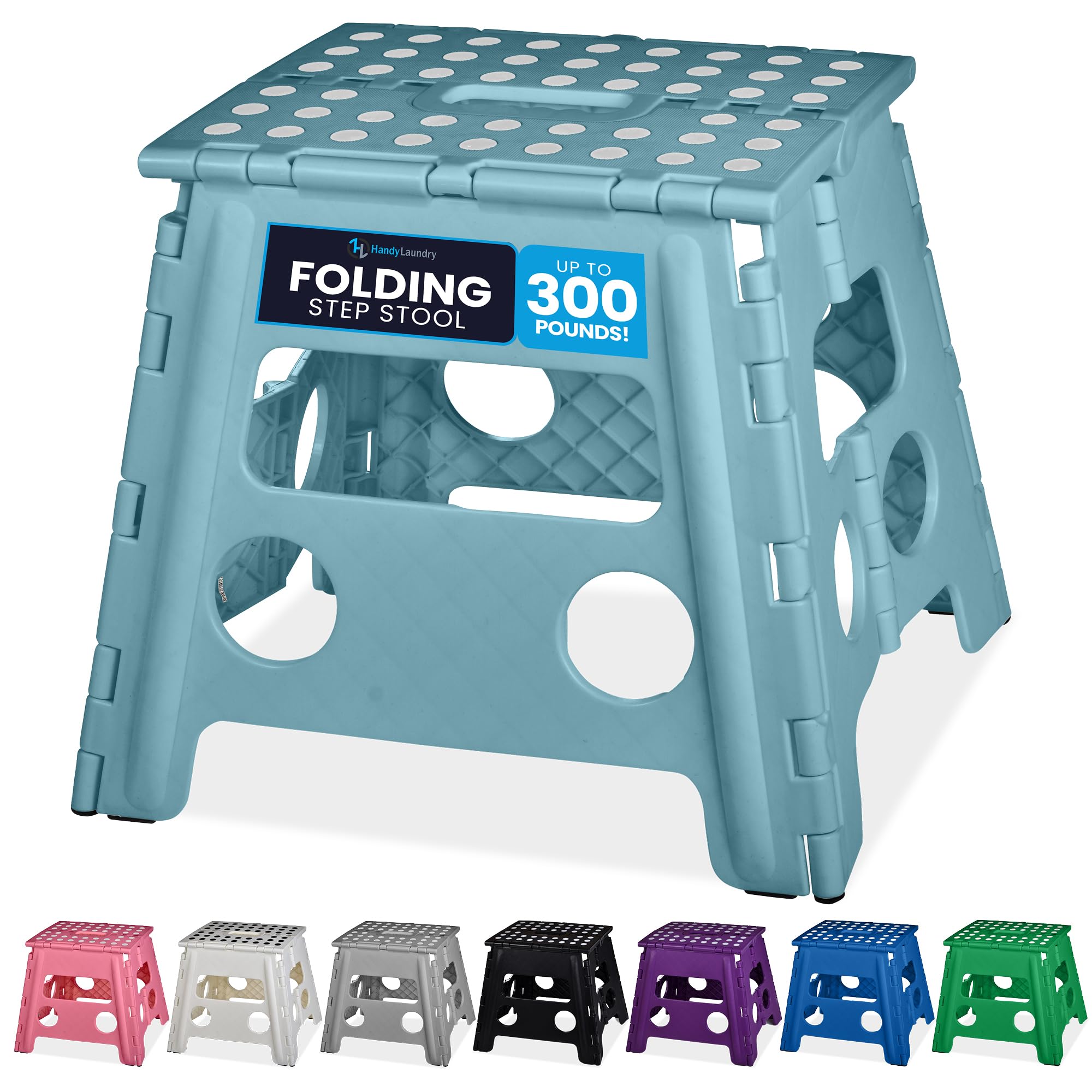 Handy Laundry front view of teal 13-inch stool showing stable base and color benefit