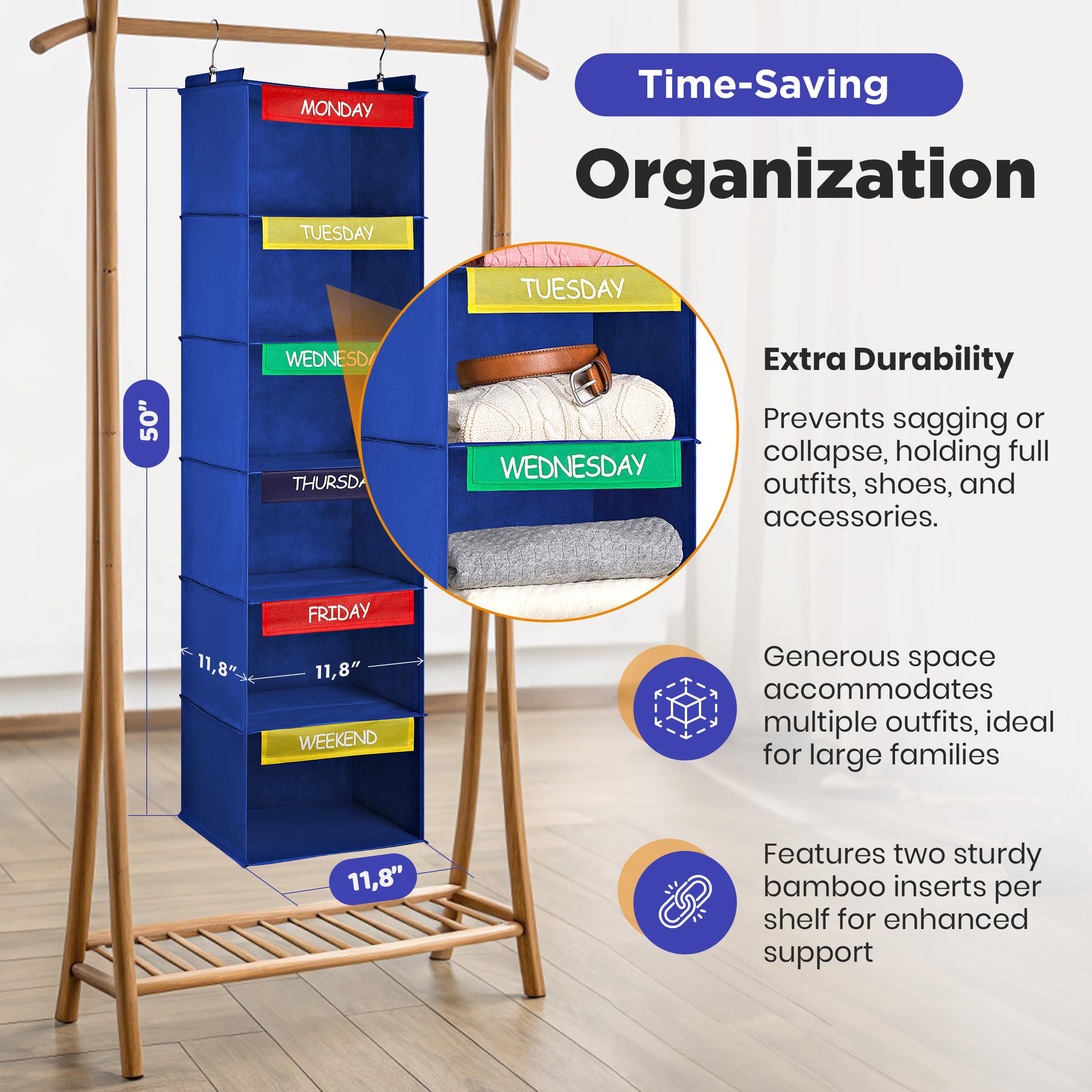 Handy Laundry close-up of shelf with bamboo inserts demonstrating strong, sag-free support