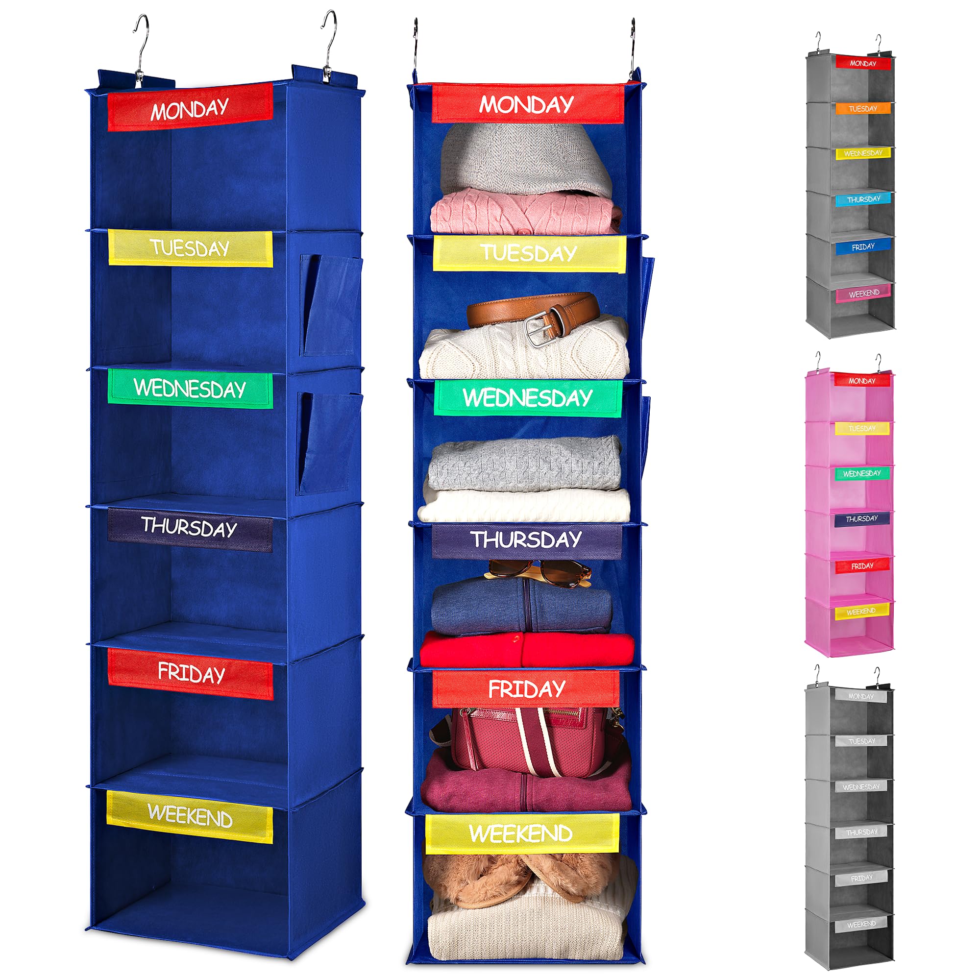 Handy Laundry front view of blue 6-shelf hanging organizer showing weekly layout and tidy storage