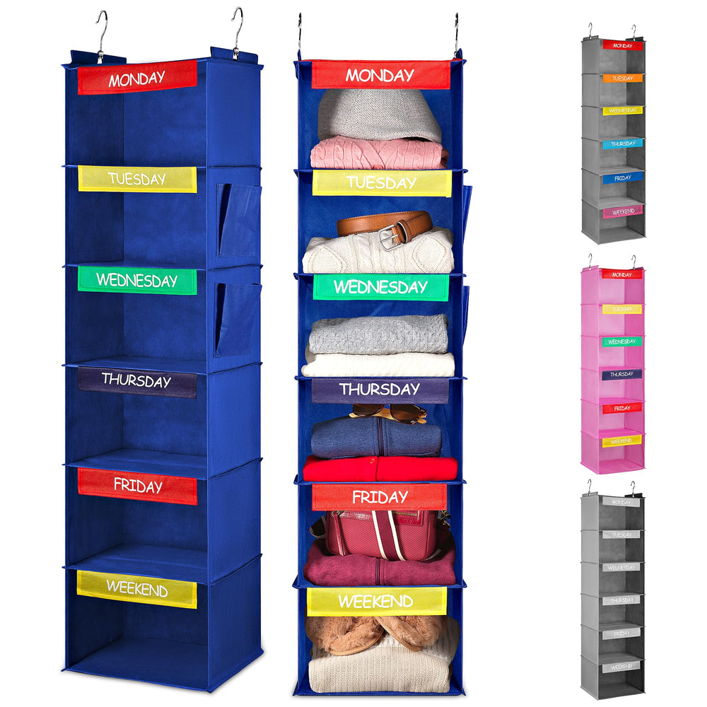 Handy Laundry front view of blue 6-shelf hanging organizer showing weekly layout and tidy storage