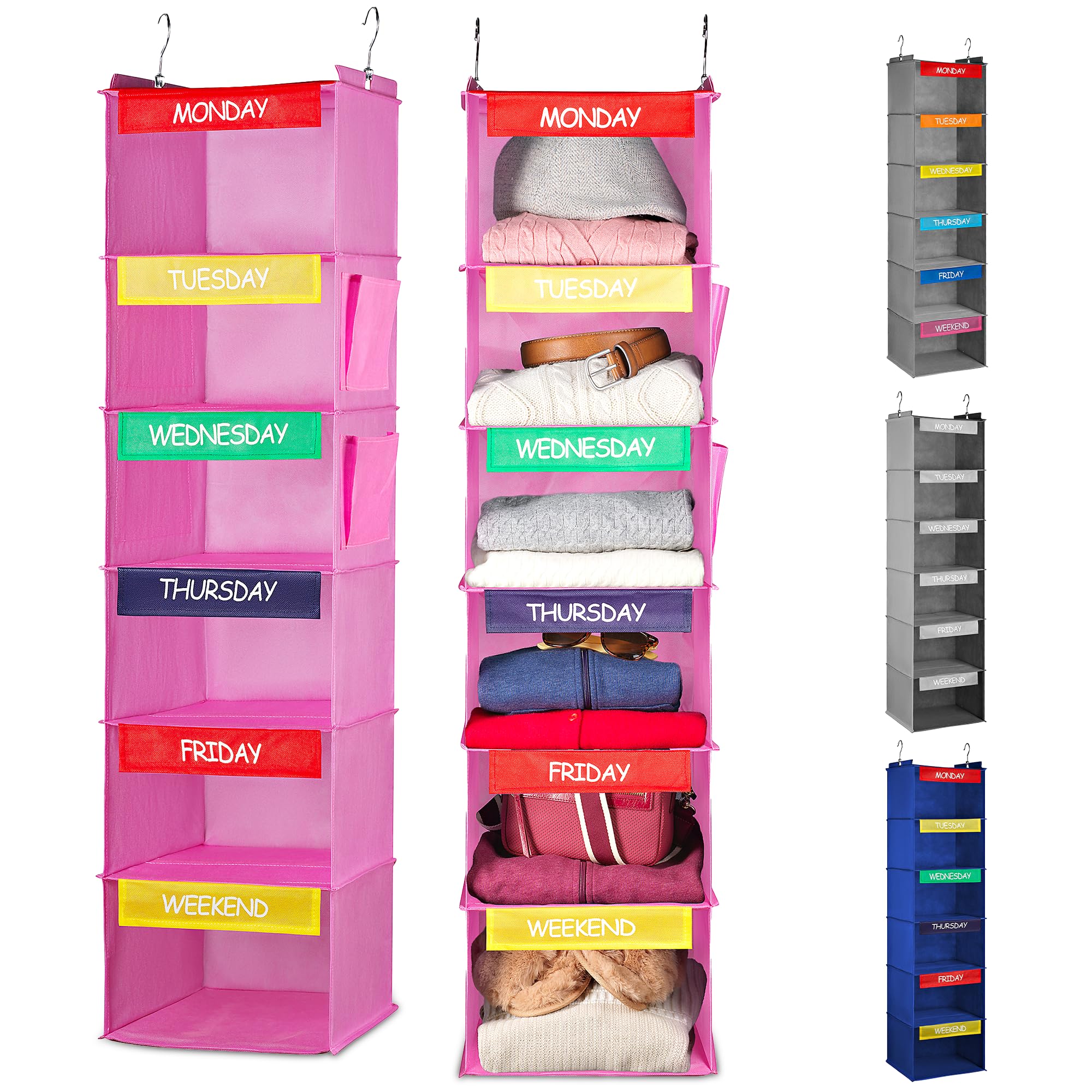 Handy Laundry front view showing six colorful shelves and easy access for faster mornings